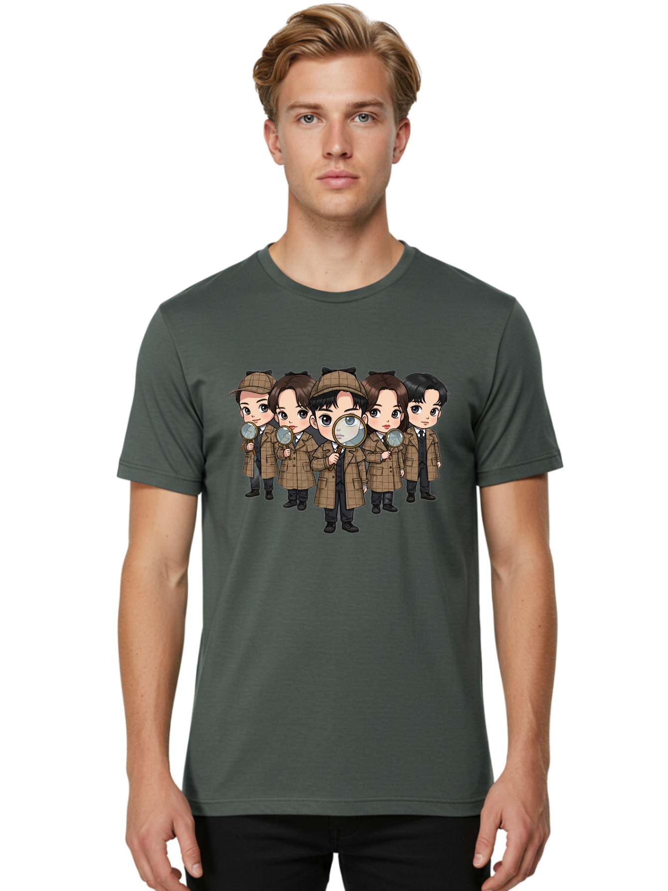 K-Drama-Detectives Men'S Graphic Tee, 100% Cotton, Comfortable Casual Summer Wear, Machine Washable, Cartoon Detectives, Sherlock Holmes, Magnifying Glass, Detective Work, Mystery Solving, Crime Investigation, Detective Hat, Trench Coat, Bac086