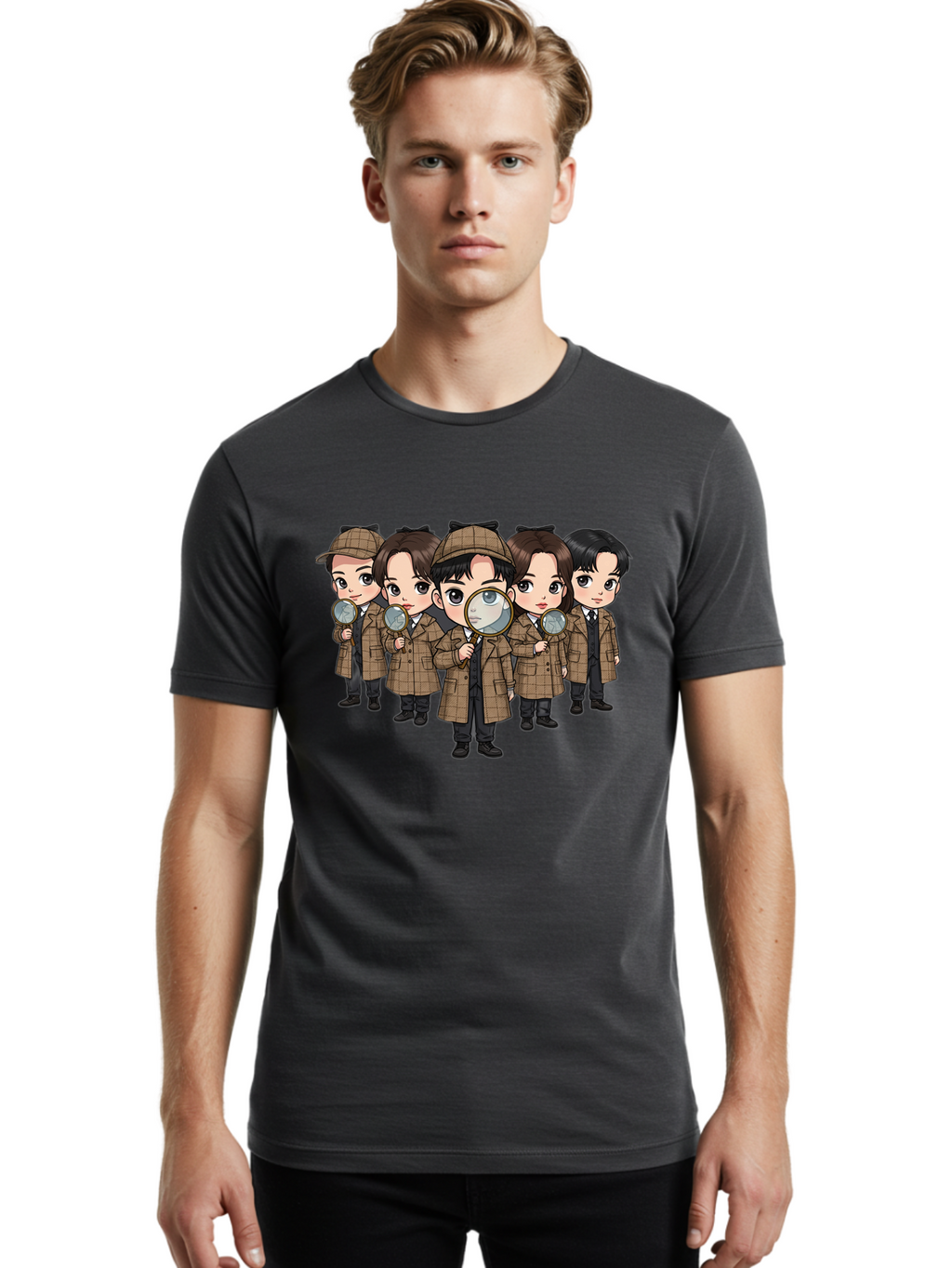 K-Drama-Detectives Men'S Graphic Tee, 100% Cotton, Comfortable Casual Summer Wear, Machine Washable, Cartoon Detectives, Sherlock Holmes, Magnifying Glass, Detective Work, Mystery Solving, Crime Investigation, Detective Hat, Trench Coat, Bac086