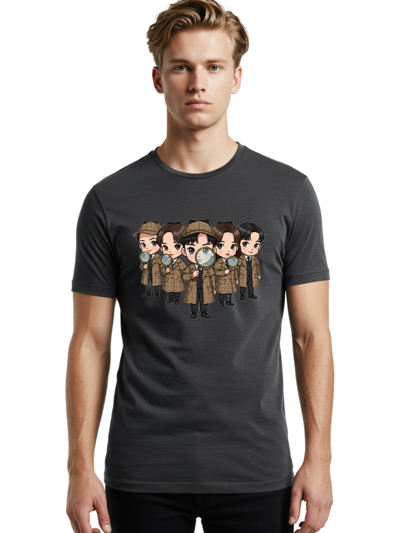K-Drama-Detectives Men'S Graphic Tee, 100% Cotton, Comfortable Casual Summer Wear, Machine Washable, Cartoon Detectives, Sherlock Holmes, Magnifying Glass, Detective Work, Mystery Solving, Crime Investigation, Detective Hat, Trench Coat, Bac086
