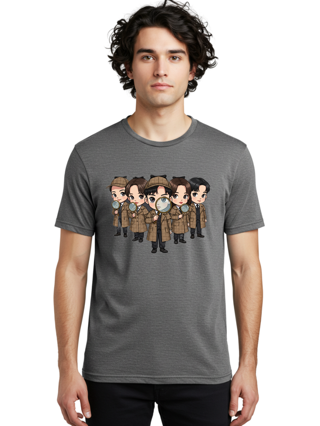K-Drama-Detectives Men'S Graphic Tee, 100% Cotton, Comfortable Casual Summer Wear, Machine Washable, Cartoon Detectives, Sherlock Holmes, Magnifying Glass, Detective Work, Mystery Solving, Crime Investigation, Detective Hat, Trench Coat, Bac086