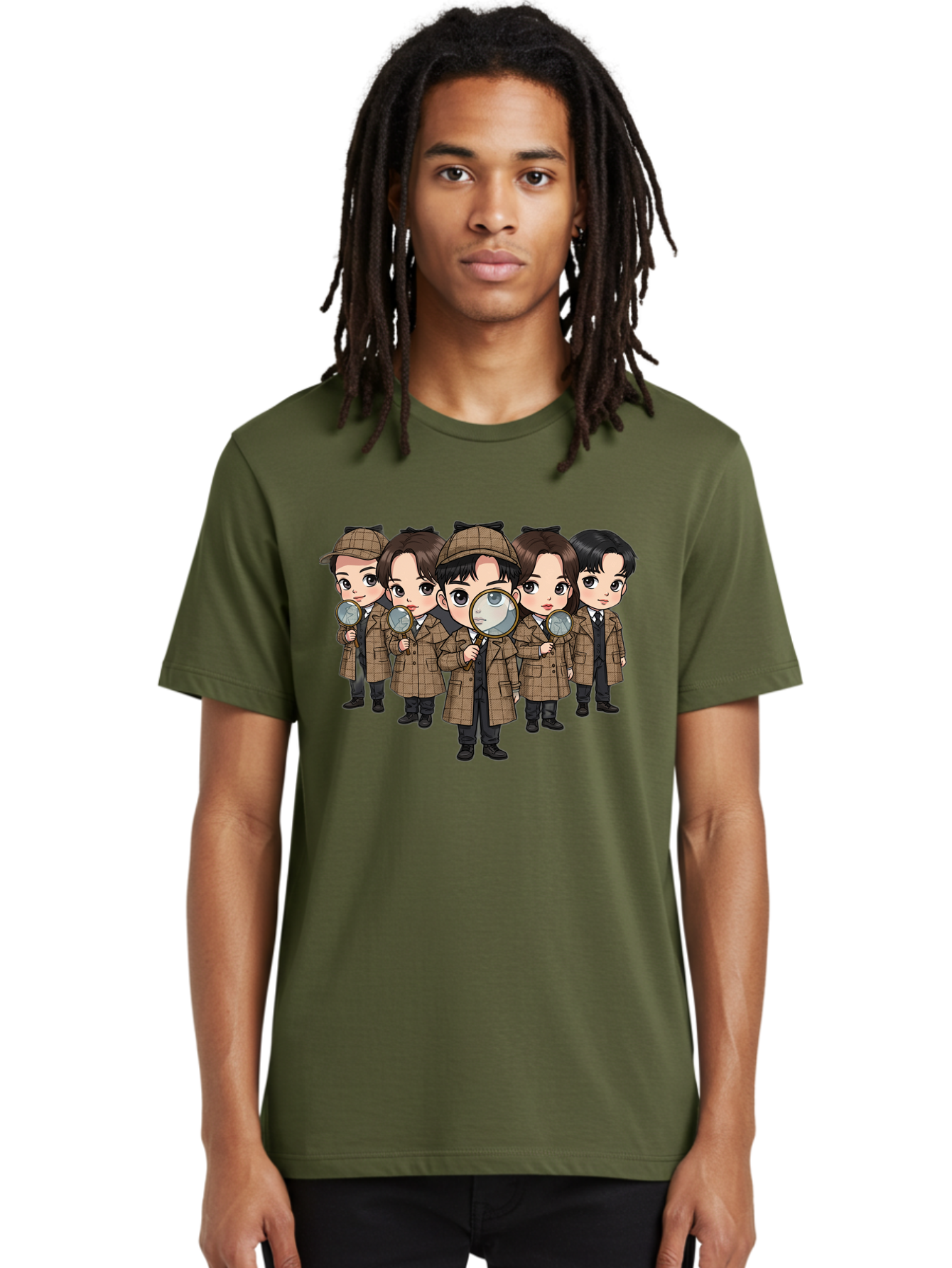 K-Drama-Detectives Men'S Graphic Tee, 100% Cotton, Comfortable Casual Summer Wear, Machine Washable, Cartoon Detectives, Sherlock Holmes, Magnifying Glass, Detective Work, Mystery Solving, Crime Investigation, Detective Hat, Trench Coat, Bac086