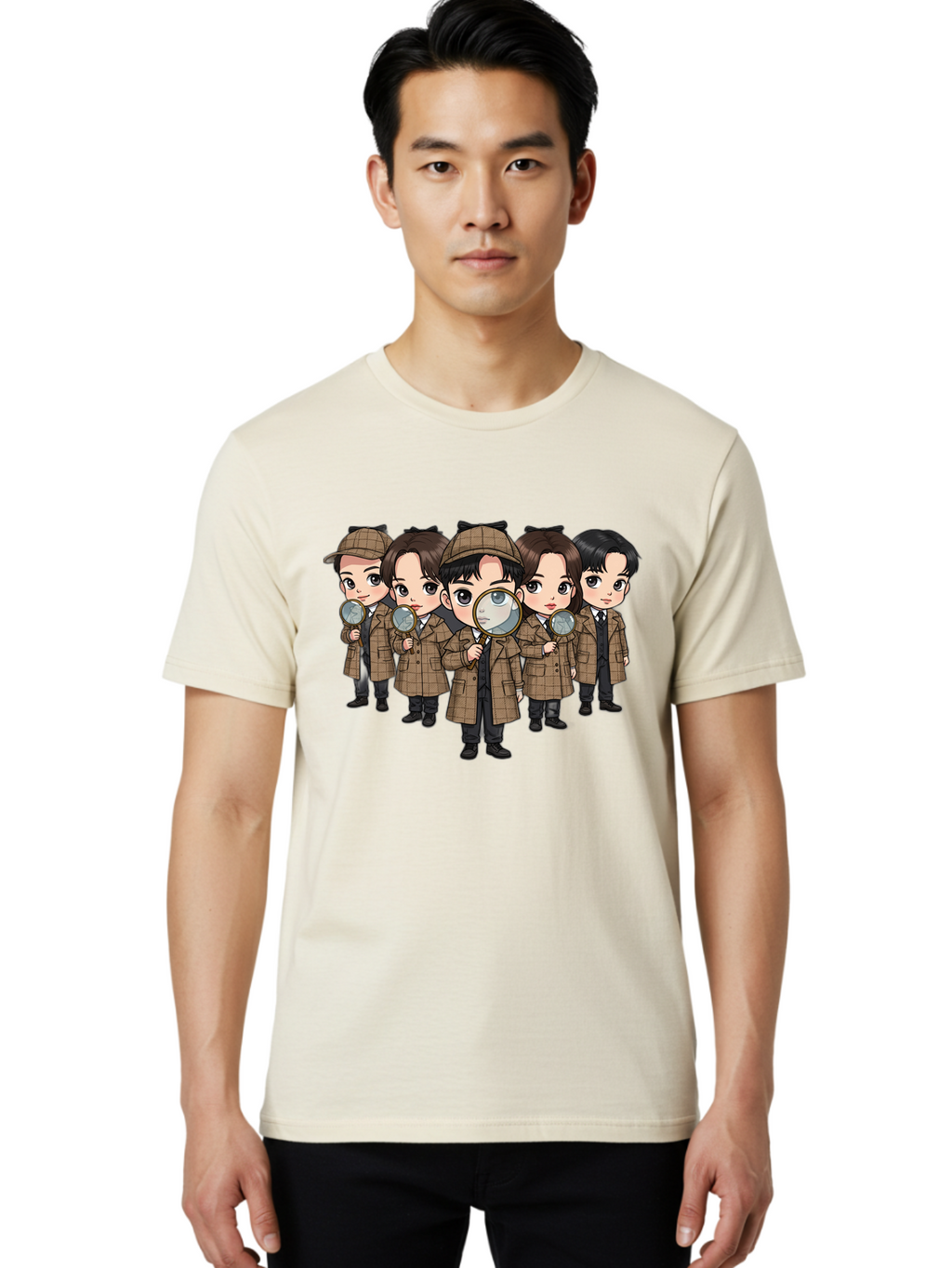K-Drama-Detectives Men'S Graphic Tee, 100% Cotton, Comfortable Casual Summer Wear, Machine Washable, Cartoon Detectives, Sherlock Holmes, Magnifying Glass, Detective Work, Mystery Solving, Crime Investigation, Detective Hat, Trench Coat, Bac086