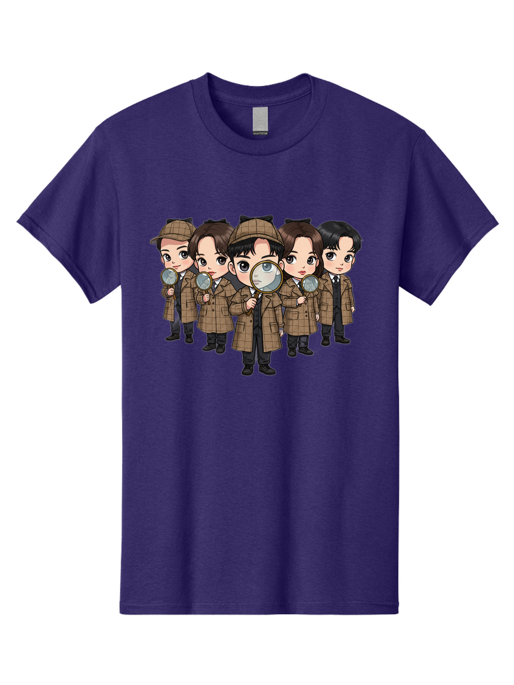 K-Drama-Detectives Men'S Graphic Tee, 100% Cotton, Comfortable Casual Summer Wear, Machine Washable, Cartoon Detectives, Sherlock Holmes, Magnifying Glass, Detective Work, Mystery Solving, Crime Investigation, Detective Hat, Trench Coat, Bac086