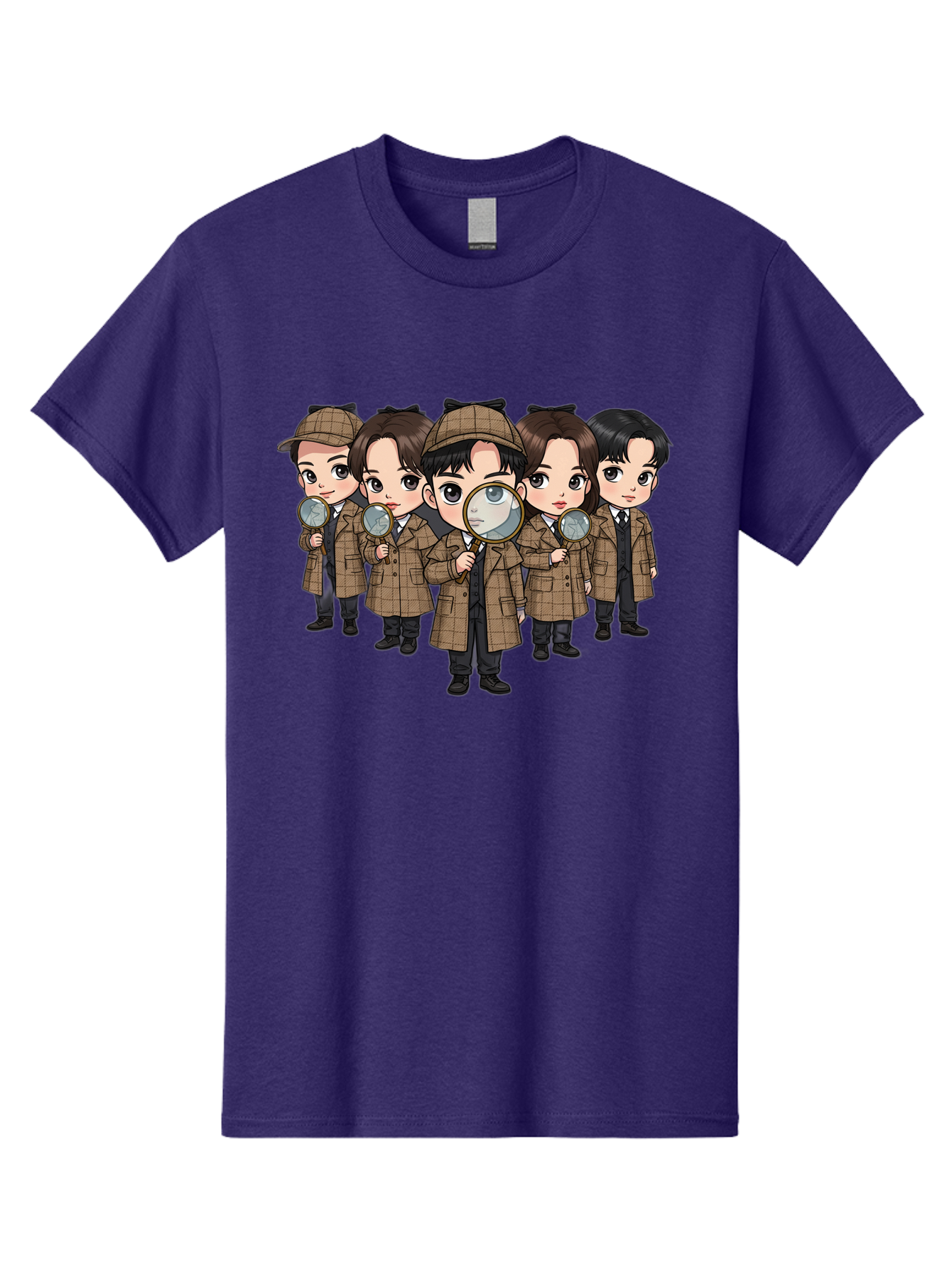 K-Drama-Detectives Men'S Graphic Tee, 100% Cotton, Comfortable Casual Summer Wear, Machine Washable, Cartoon Detectives, Sherlock Holmes, Magnifying Glass, Detective Work, Mystery Solving, Crime Investigation, Detective Hat, Trench Coat, Bac086