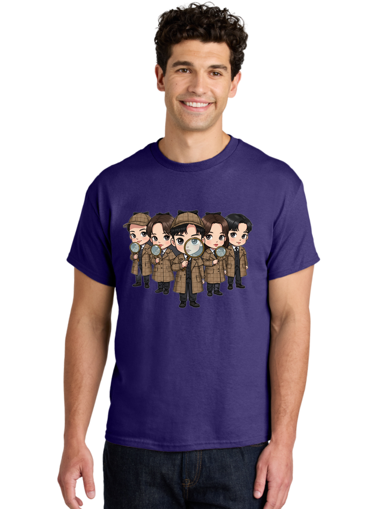 K-Drama-Detectives Men'S Graphic Tee, 100% Cotton, Comfortable Casual Summer Wear, Machine Washable, Cartoon Detectives, Sherlock Holmes, Magnifying Glass, Detective Work, Mystery Solving, Crime Investigation, Detective Hat, Trench Coat, Bac086