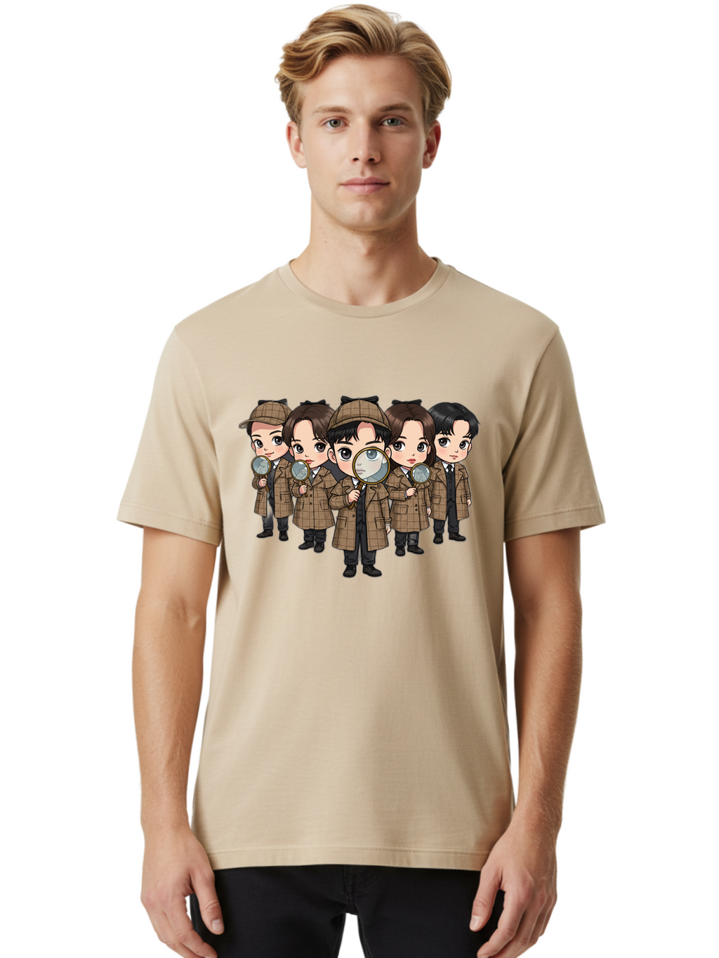 K-Drama-Detectives Men'S Graphic Tee, 100% Cotton, Comfortable Casual Summer Wear, Machine Washable, Cartoon Detectives, Sherlock Holmes, Magnifying Glass, Detective Work, Mystery Solving, Crime Investigation, Detective Hat, Trench Coat, Bac086