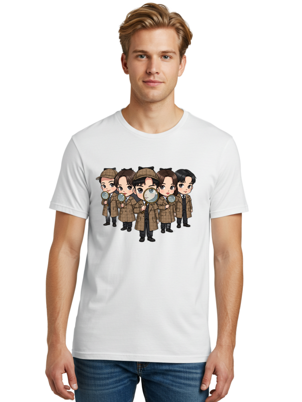 K-Drama-Detectives Men'S Graphic Tee, 100% Cotton, Comfortable Casual Summer Wear, Machine Washable, Cartoon Detectives, Sherlock Holmes, Magnifying Glass, Detective Work, Mystery Solving, Crime Investigation, Detective Hat, Trench Coat, Bac086