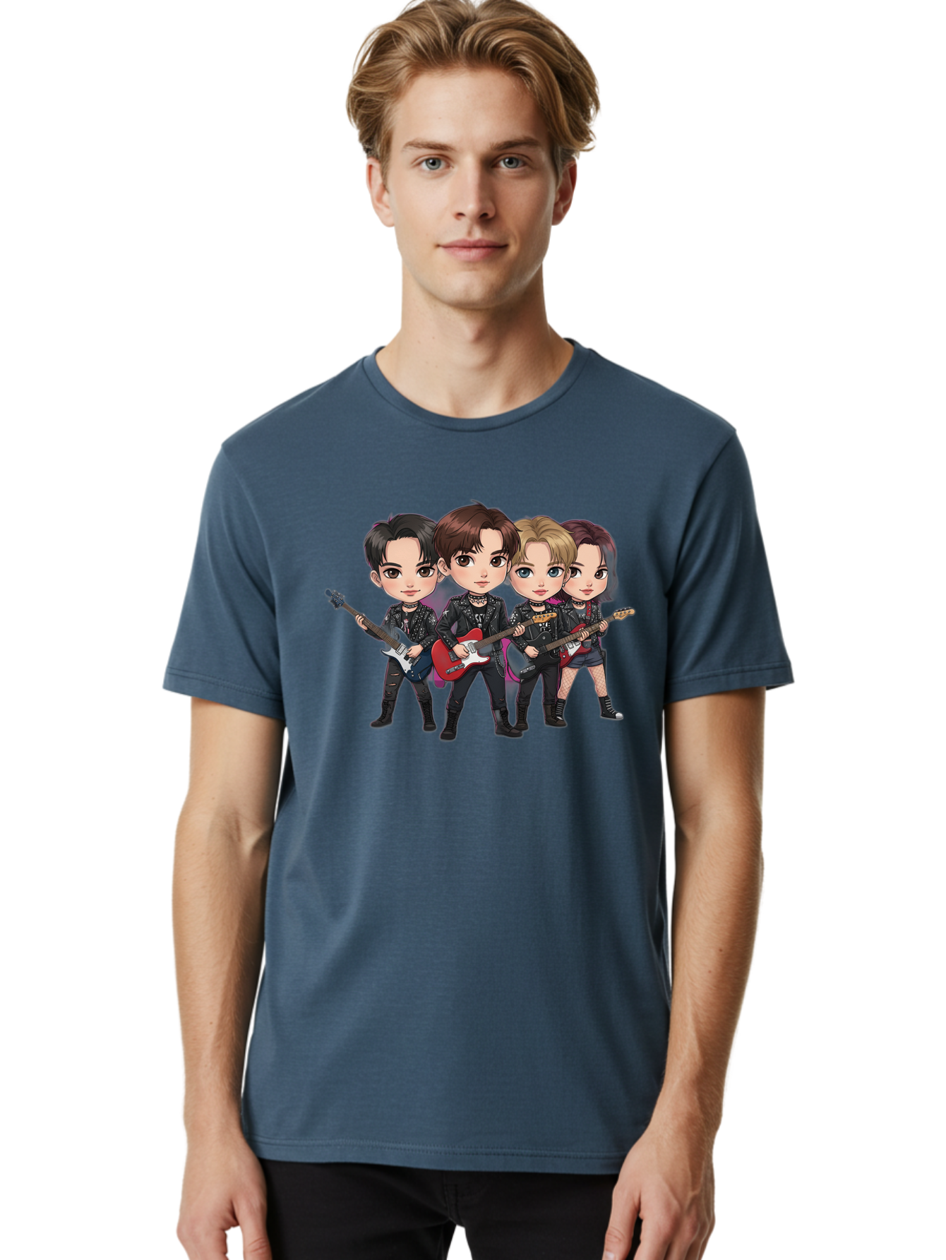 K-Pop-Band Men'S Graphic Tee, 100% Cotton, Comfortable Casual Summer Wear, Machine Washable, Cartoon Rock Band, Four Members, Guitars, Black Outfits, Rock Music, Band Performance, Chibi Style, Youthful Energy, Black Hair, Brown Hair, Bac087