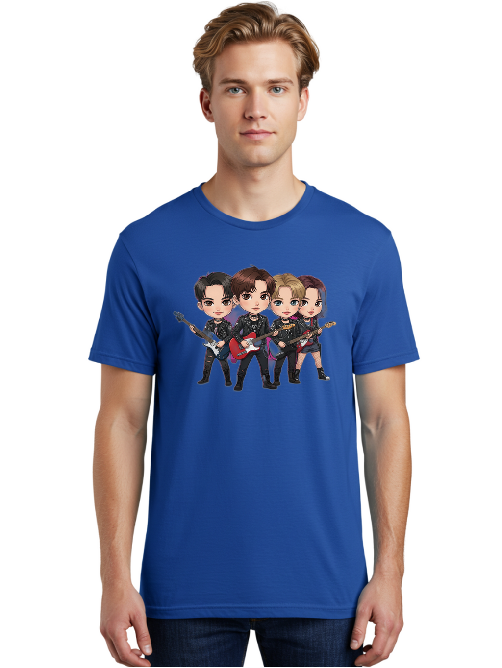 K-Pop-Band Men'S Graphic Tee, 100% Cotton, Comfortable Casual Summer Wear, Machine Washable, Cartoon Rock Band, Four Members, Guitars, Black Outfits, Rock Music, Band Performance, Chibi Style, Youthful Energy, Black Hair, Brown Hair, Bac087