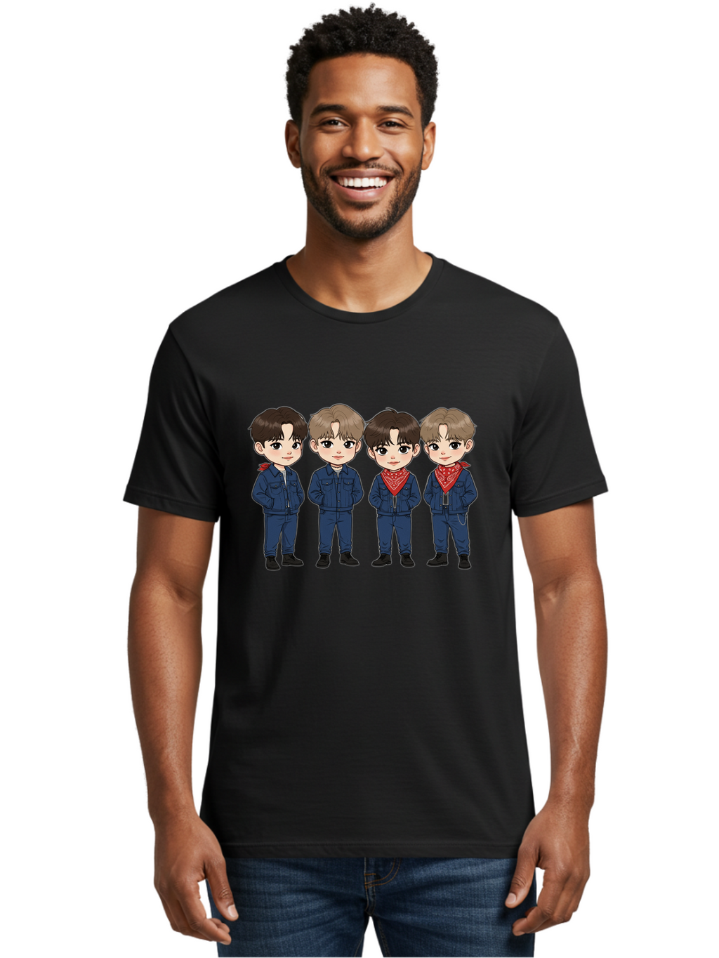 K-Pop-Boys Men'S Graphic Tee, 100% Cotton, Comfortable Casual Summer Wear, Machine Washable, Cartoon Boys, K-Pop Style, Blue Denim Outfits, Red Bandanas, Anime-Inspired Characters, Trendy Fashion, Youthful Energy, Group Portrait, Chibi Art, Bac088