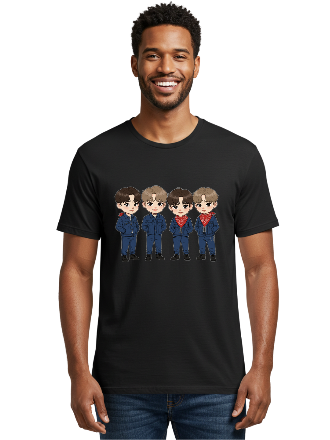 K-Pop-Boys Men'S Graphic Tee, 100% Cotton, Comfortable Casual Summer Wear, Machine Washable, Cartoon Boys, K-Pop Style, Blue Denim Outfits, Red Bandanas, Anime-Inspired Characters, Trendy Fashion, Youthful Energy, Group Portrait, Chibi Art, Bac088