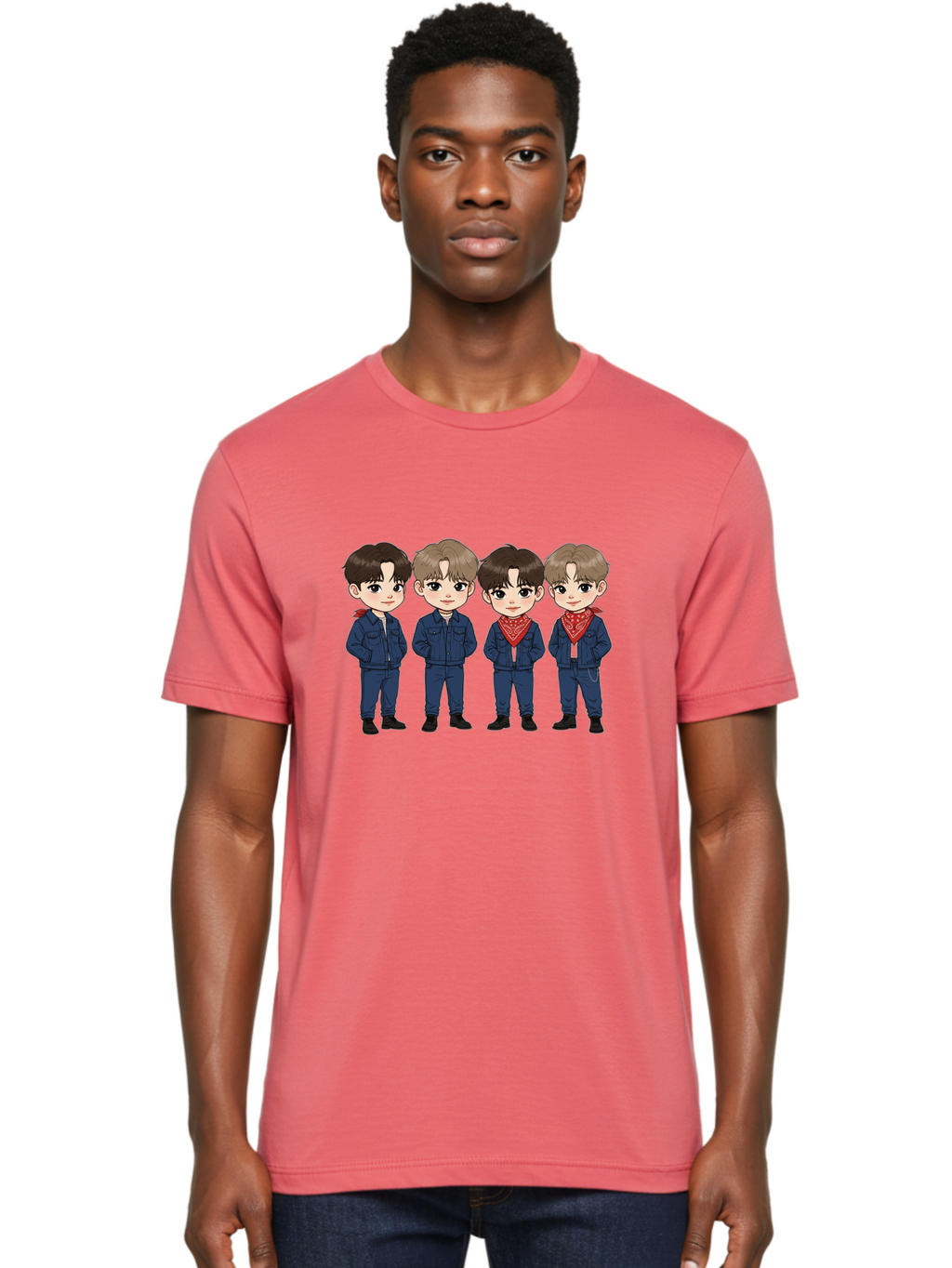 K-Pop-Boys Men'S Graphic Tee, 100% Cotton, Comfortable Casual Summer Wear, Machine Washable, Cartoon Boys, K-Pop Style, Blue Denim Outfits, Red Bandanas, Anime-Inspired Characters, Trendy Fashion, Youthful Energy, Group Portrait, Chibi Art, Bac088