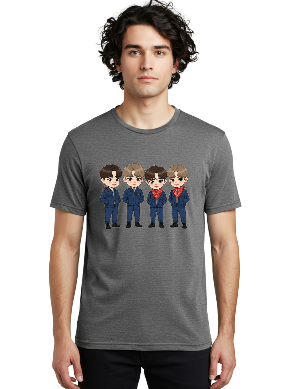 K-Pop-Boys Men'S Graphic Tee, 100% Cotton, Comfortable Casual Summer Wear, Machine Washable, Cartoon Boys, K-Pop Style, Blue Denim Outfits, Red Bandanas, Anime-Inspired Characters, Trendy Fashion, Youthful Energy, Group Portrait, Chibi Art, Bac088