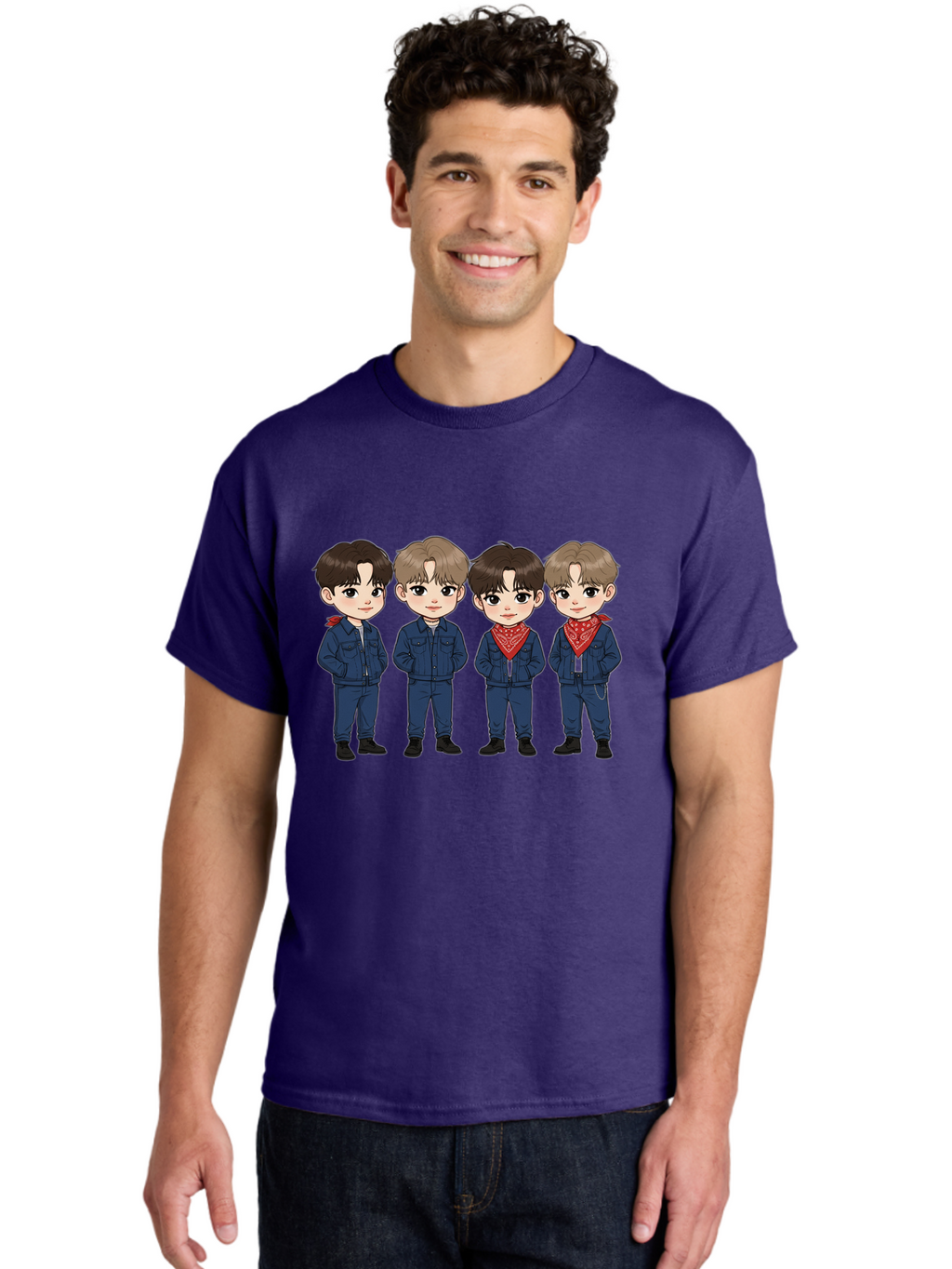 K-Pop-Boys Men'S Graphic Tee, 100% Cotton, Comfortable Casual Summer Wear, Machine Washable, Cartoon Boys, K-Pop Style, Blue Denim Outfits, Red Bandanas, Anime-Inspired Characters, Trendy Fashion, Youthful Energy, Group Portrait, Chibi Art, Bac088