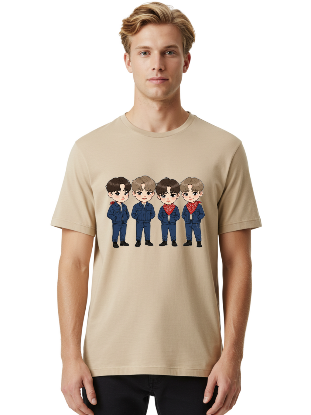 K-Pop-Boys Men'S Graphic Tee, 100% Cotton, Comfortable Casual Summer Wear, Machine Washable, Cartoon Boys, K-Pop Style, Blue Denim Outfits, Red Bandanas, Anime-Inspired Characters, Trendy Fashion, Youthful Energy, Group Portrait, Chibi Art, Bac088