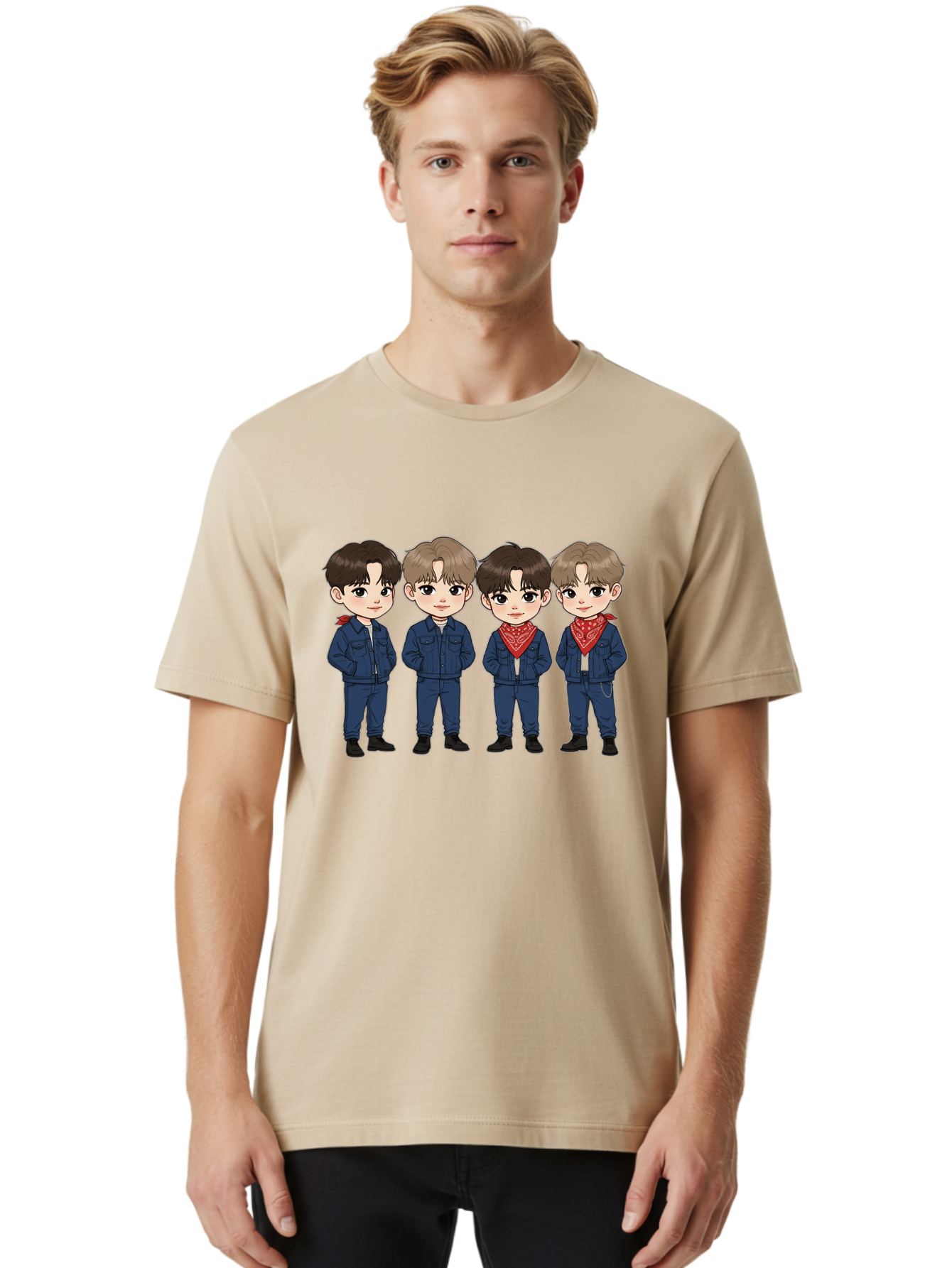 K-Pop-Boys Men'S Graphic Tee, 100% Cotton, Comfortable Casual Summer Wear, Machine Washable, Cartoon Boys, K-Pop Style, Blue Denim Outfits, Red Bandanas, Anime-Inspired Characters, Trendy Fashion, Youthful Energy, Group Portrait, Chibi Art, Bac088