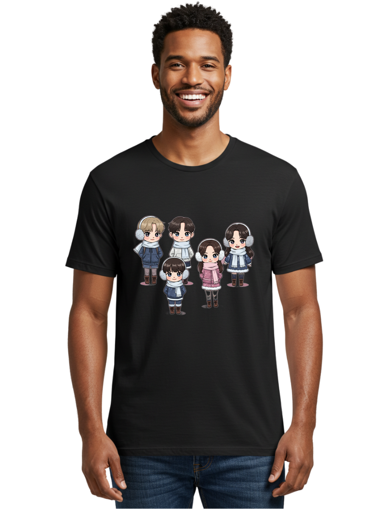 K-Pop-Chibi-Characters Men'S Graphic Tee, 100% Cotton, Comfortable Casual Summer Wear, Machine Washable, Cartoon Children, Winter Clothing, Earmuffs, Scarves, Coats, Boots, Happy Faces, Kawaii Style, Cute Kids, Adorable Characters, Bac089