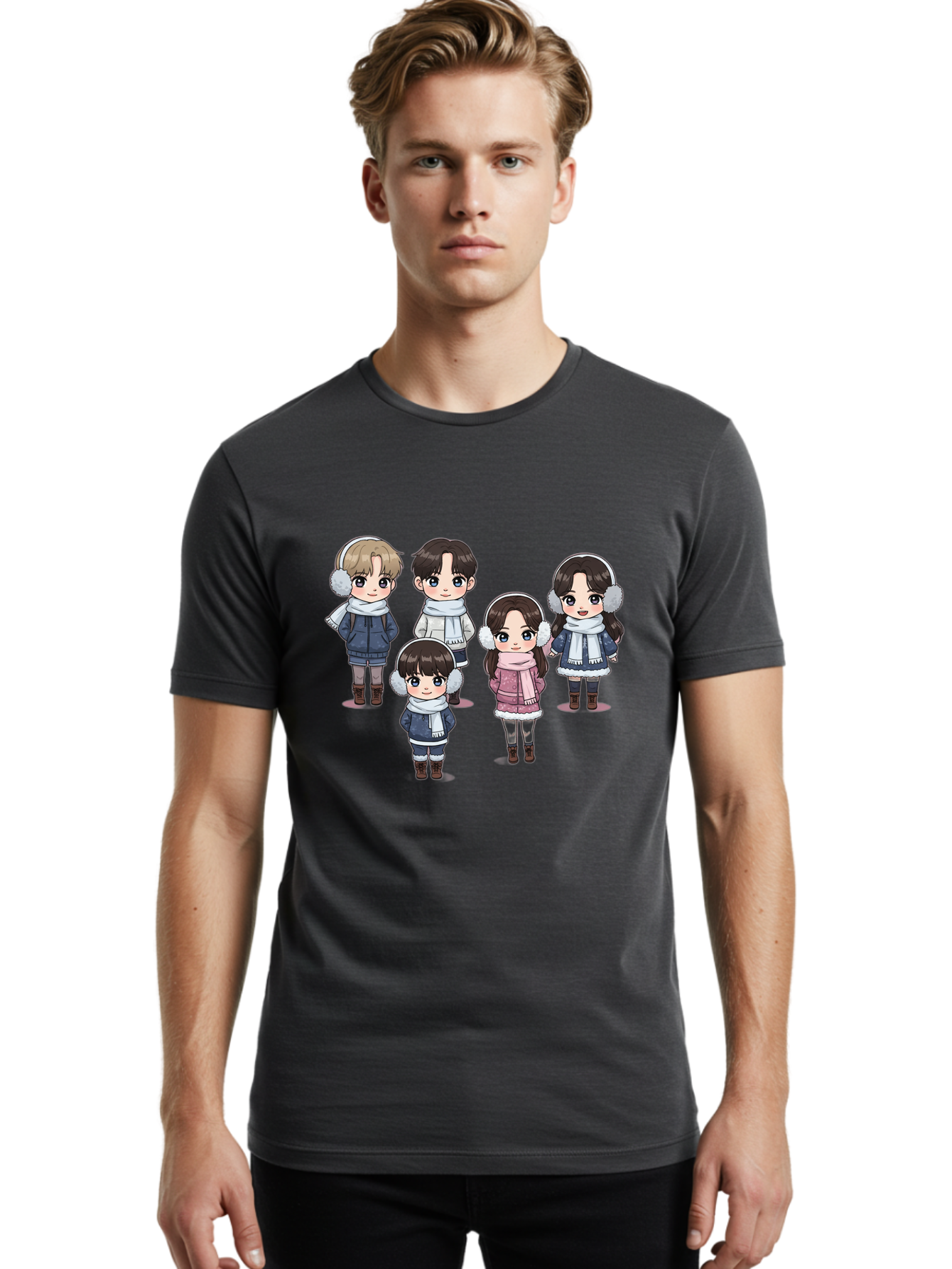 K-Pop-Chibi-Characters Men'S Graphic Tee, 100% Cotton, Comfortable Casual Summer Wear, Machine Washable, Cartoon Children, Winter Clothing, Earmuffs, Scarves, Coats, Boots, Happy Faces, Kawaii Style, Cute Kids, Adorable Characters, Bac089