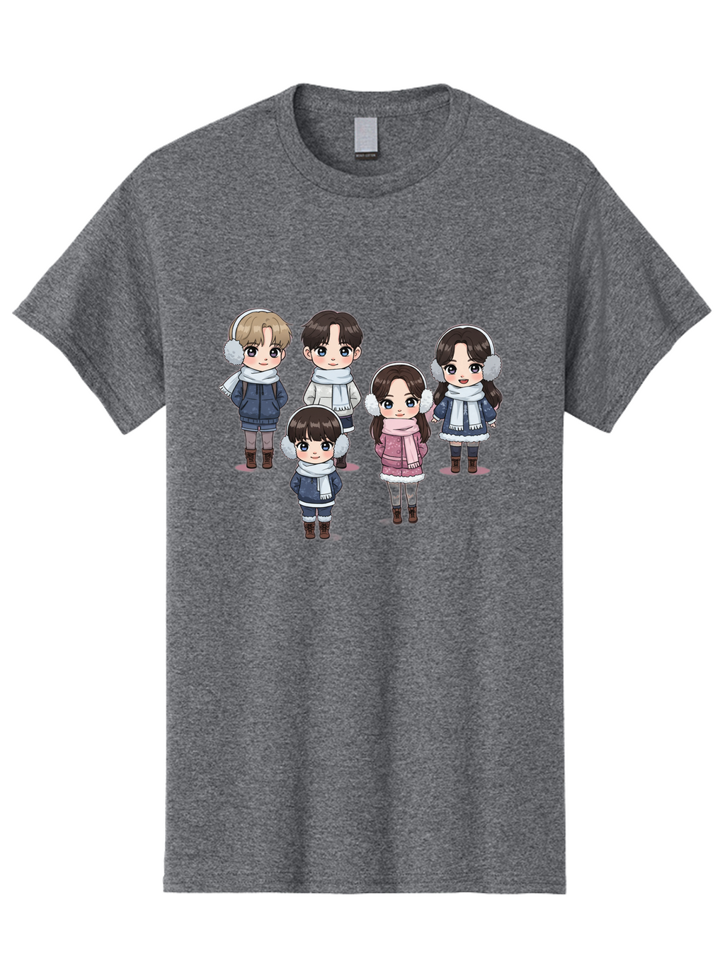 K-Pop-Chibi-Characters Men'S Graphic Tee, 100% Cotton, Comfortable Casual Summer Wear, Machine Washable, Cartoon Children, Winter Clothing, Earmuffs, Scarves, Coats, Boots, Happy Faces, Kawaii Style, Cute Kids, Adorable Characters, Bac089