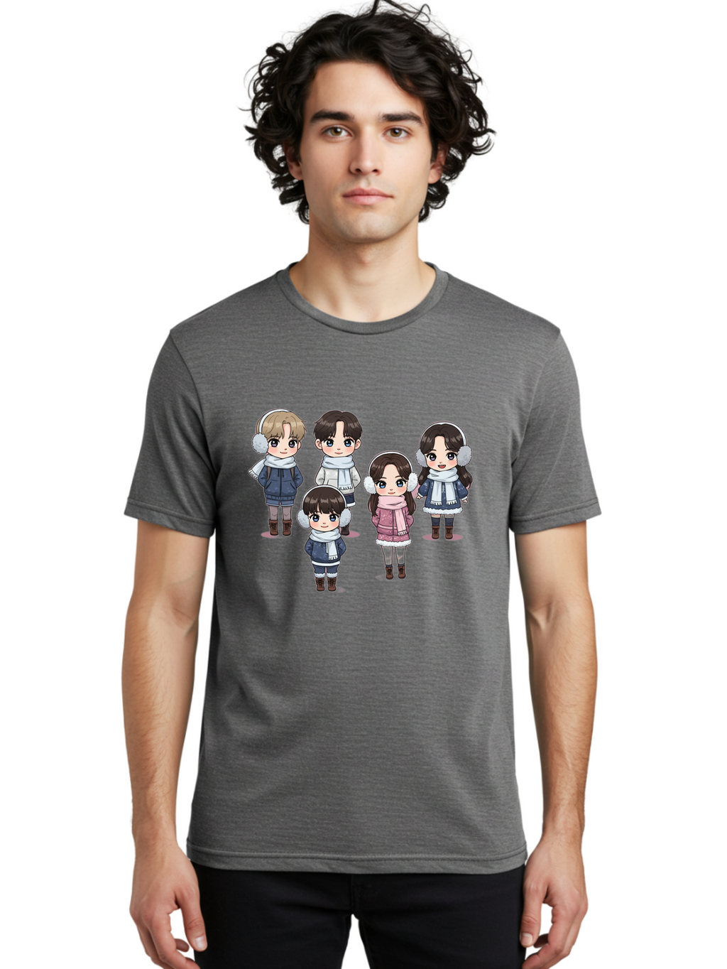 K-Pop-Chibi-Characters Men'S Graphic Tee, 100% Cotton, Comfortable Casual Summer Wear, Machine Washable, Cartoon Children, Winter Clothing, Earmuffs, Scarves, Coats, Boots, Happy Faces, Kawaii Style, Cute Kids, Adorable Characters, Bac089