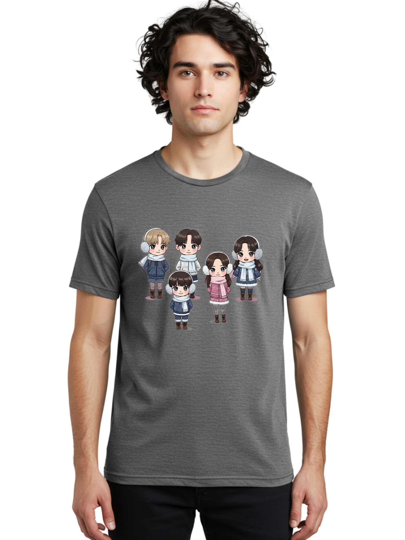 K-Pop-Chibi-Characters Men'S Graphic Tee, 100% Cotton, Comfortable Casual Summer Wear, Machine Washable, Cartoon Children, Winter Clothing, Earmuffs, Scarves, Coats, Boots, Happy Faces, Kawaii Style, Cute Kids, Adorable Characters, Bac089