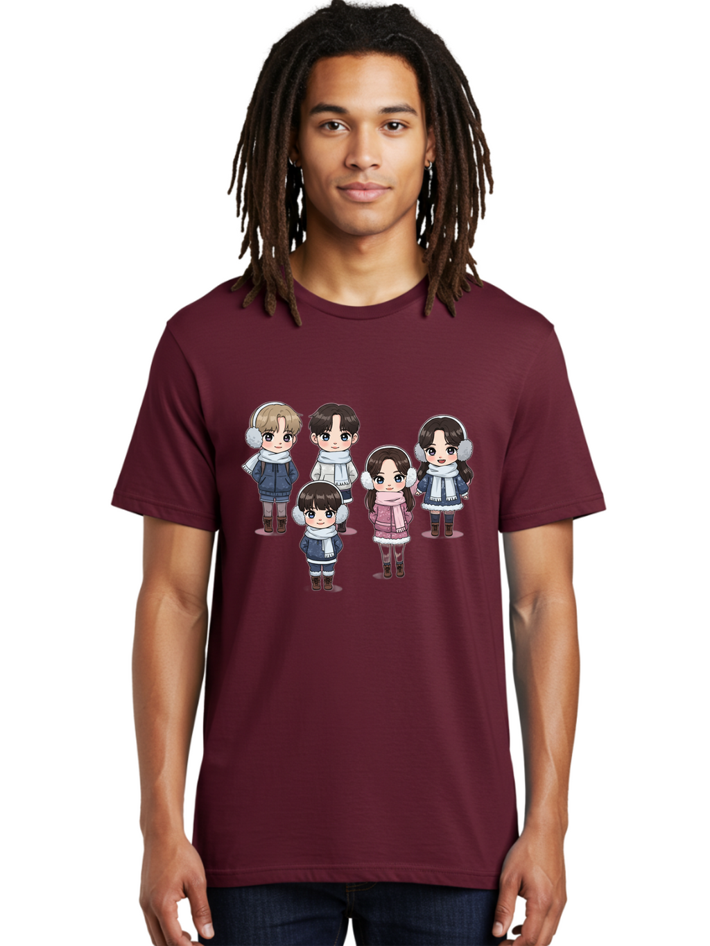 K-Pop-Chibi-Characters Men'S Graphic Tee, 100% Cotton, Comfortable Casual Summer Wear, Machine Washable, Cartoon Children, Winter Clothing, Earmuffs, Scarves, Coats, Boots, Happy Faces, Kawaii Style, Cute Kids, Adorable Characters, Bac089
