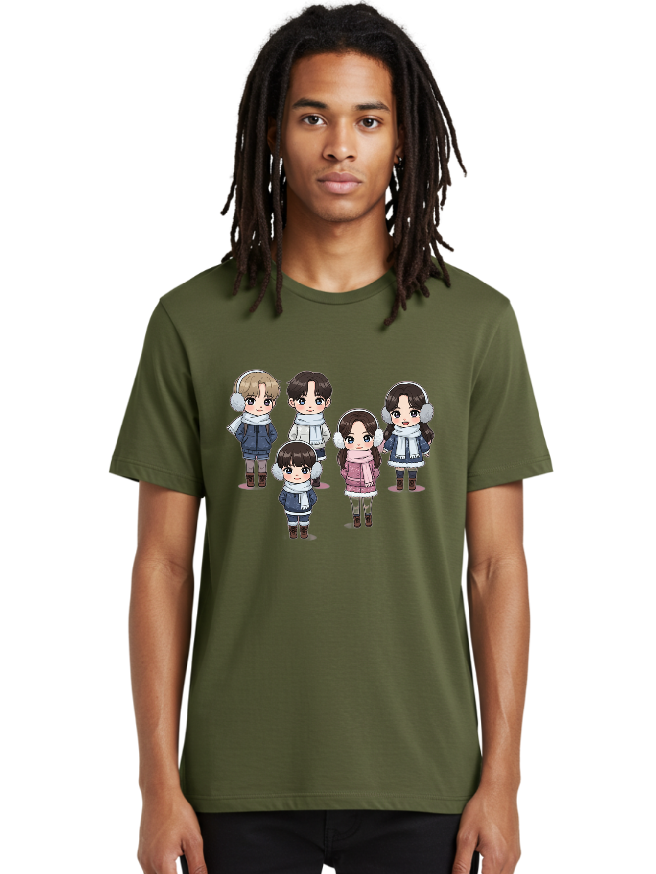 K-Pop-Chibi-Characters Men'S Graphic Tee, 100% Cotton, Comfortable Casual Summer Wear, Machine Washable, Cartoon Children, Winter Clothing, Earmuffs, Scarves, Coats, Boots, Happy Faces, Kawaii Style, Cute Kids, Adorable Characters, Bac089