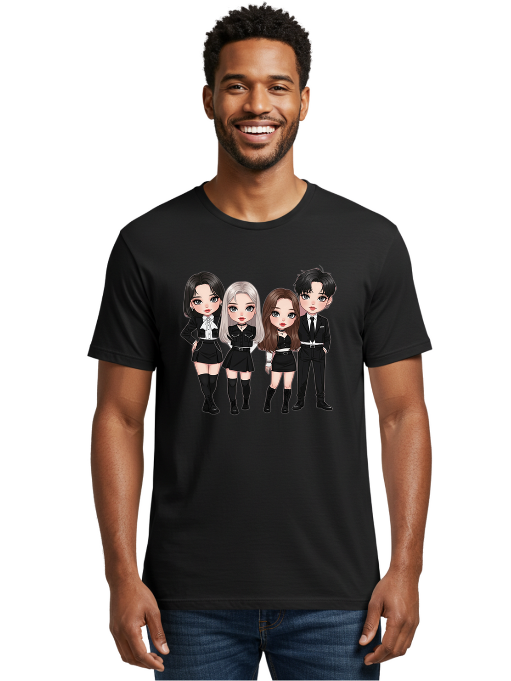 K-Pop-Group-1 Men'S Graphic Tee, 100% Cotton, Comfortable Casual Summer Wear, Machine Washable, K-Pop Group, Cartoon Characters, Black And White Outfits, Stylish Hairstyles, Confident Poses, Modern Fashion, Pop Culture Icons, Youth Culture, Bac090