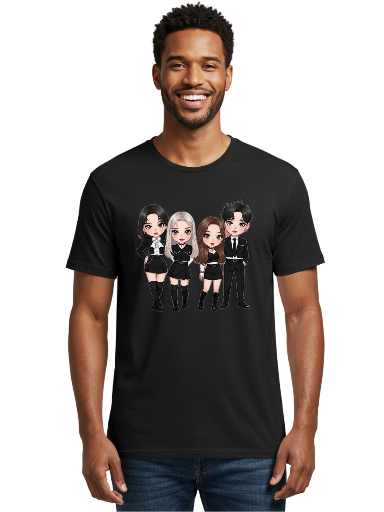 K-Pop-Group-1 Men'S Graphic Tee, 100% Cotton, Comfortable Casual Summer Wear, Machine Washable, K-Pop Group, Cartoon Characters, Black And White Outfits, Stylish Hairstyles, Confident Poses, Modern Fashion, Pop Culture Icons, Youth Culture, Bac090