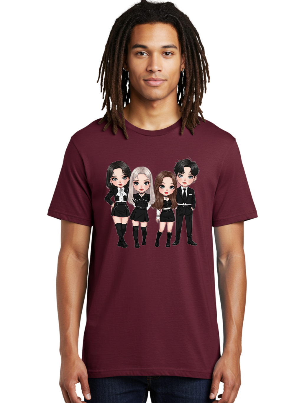 K-Pop-Group-1 Men'S Graphic Tee, 100% Cotton, Comfortable Casual Summer Wear, Machine Washable, K-Pop Group, Cartoon Characters, Black And White Outfits, Stylish Hairstyles, Confident Poses, Modern Fashion, Pop Culture Icons, Youth Culture, Bac090