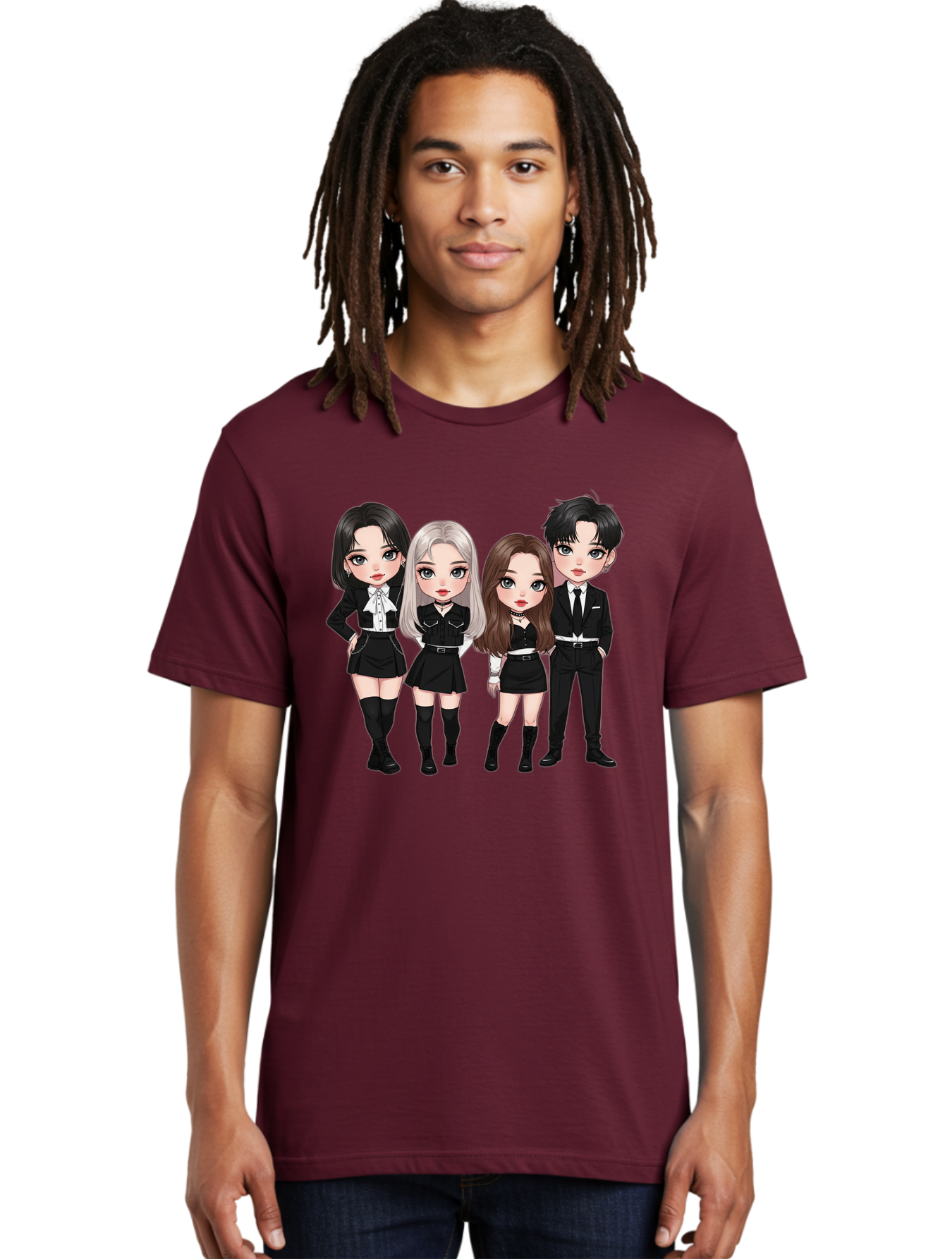 K-Pop-Group-1 Men'S Graphic Tee, 100% Cotton, Comfortable Casual Summer Wear, Machine Washable, K-Pop Group, Cartoon Characters, Black And White Outfits, Stylish Hairstyles, Confident Poses, Modern Fashion, Pop Culture Icons, Youth Culture, Bac090