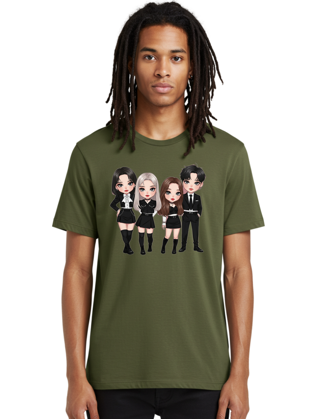 K-Pop-Group-1 Men'S Graphic Tee, 100% Cotton, Comfortable Casual Summer Wear, Machine Washable, K-Pop Group, Cartoon Characters, Black And White Outfits, Stylish Hairstyles, Confident Poses, Modern Fashion, Pop Culture Icons, Youth Culture, Bac090