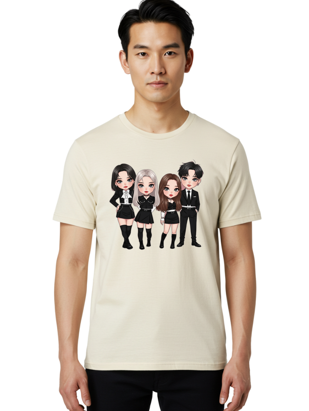 K-Pop-Group-1 Men'S Graphic Tee, 100% Cotton, Comfortable Casual Summer Wear, Machine Washable, K-Pop Group, Cartoon Characters, Black And White Outfits, Stylish Hairstyles, Confident Poses, Modern Fashion, Pop Culture Icons, Youth Culture, Bac090