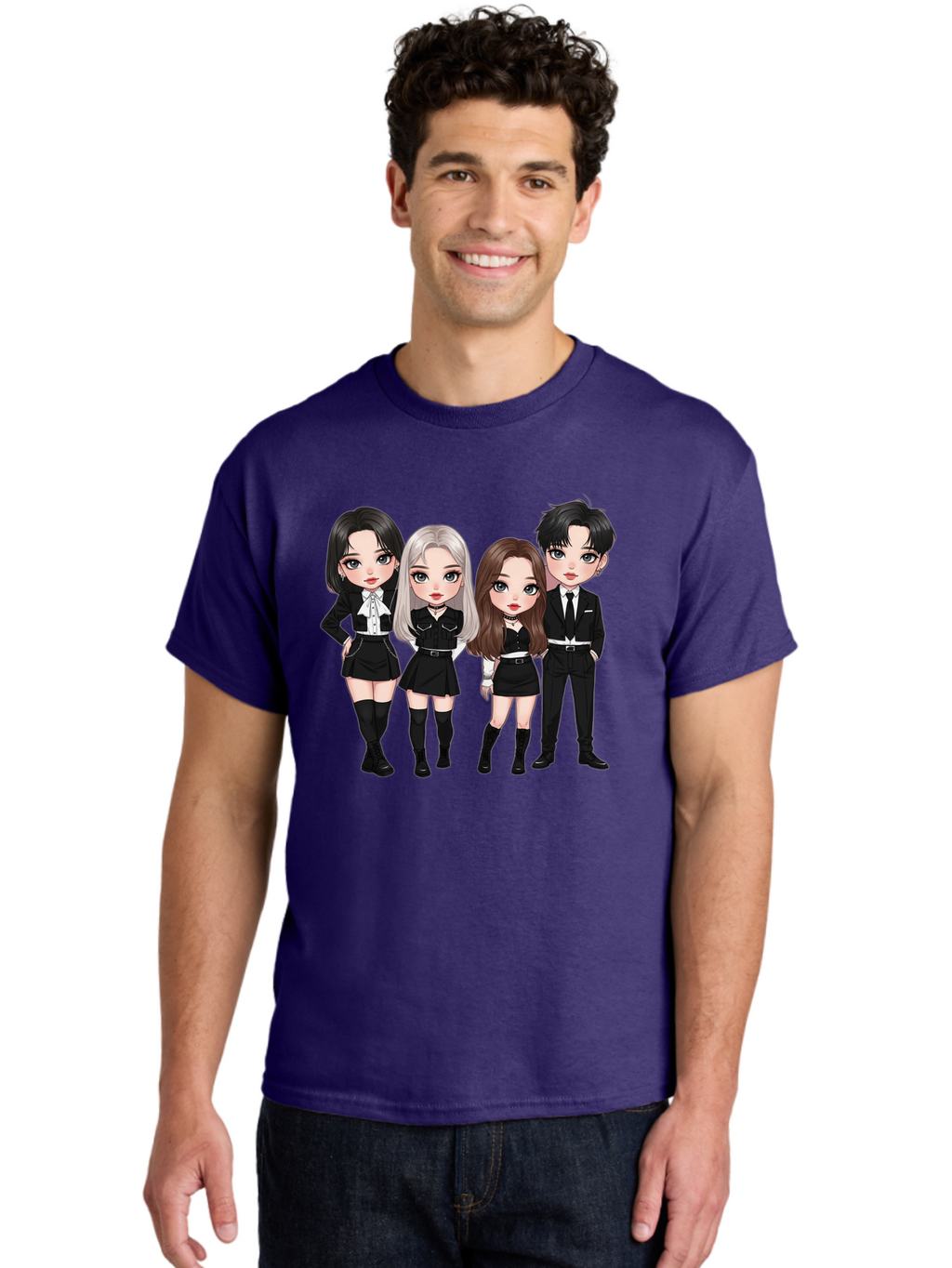 K-Pop-Group-1 Men'S Graphic Tee, 100% Cotton, Comfortable Casual Summer Wear, Machine Washable, K-Pop Group, Cartoon Characters, Black And White Outfits, Stylish Hairstyles, Confident Poses, Modern Fashion, Pop Culture Icons, Youth Culture, Bac090