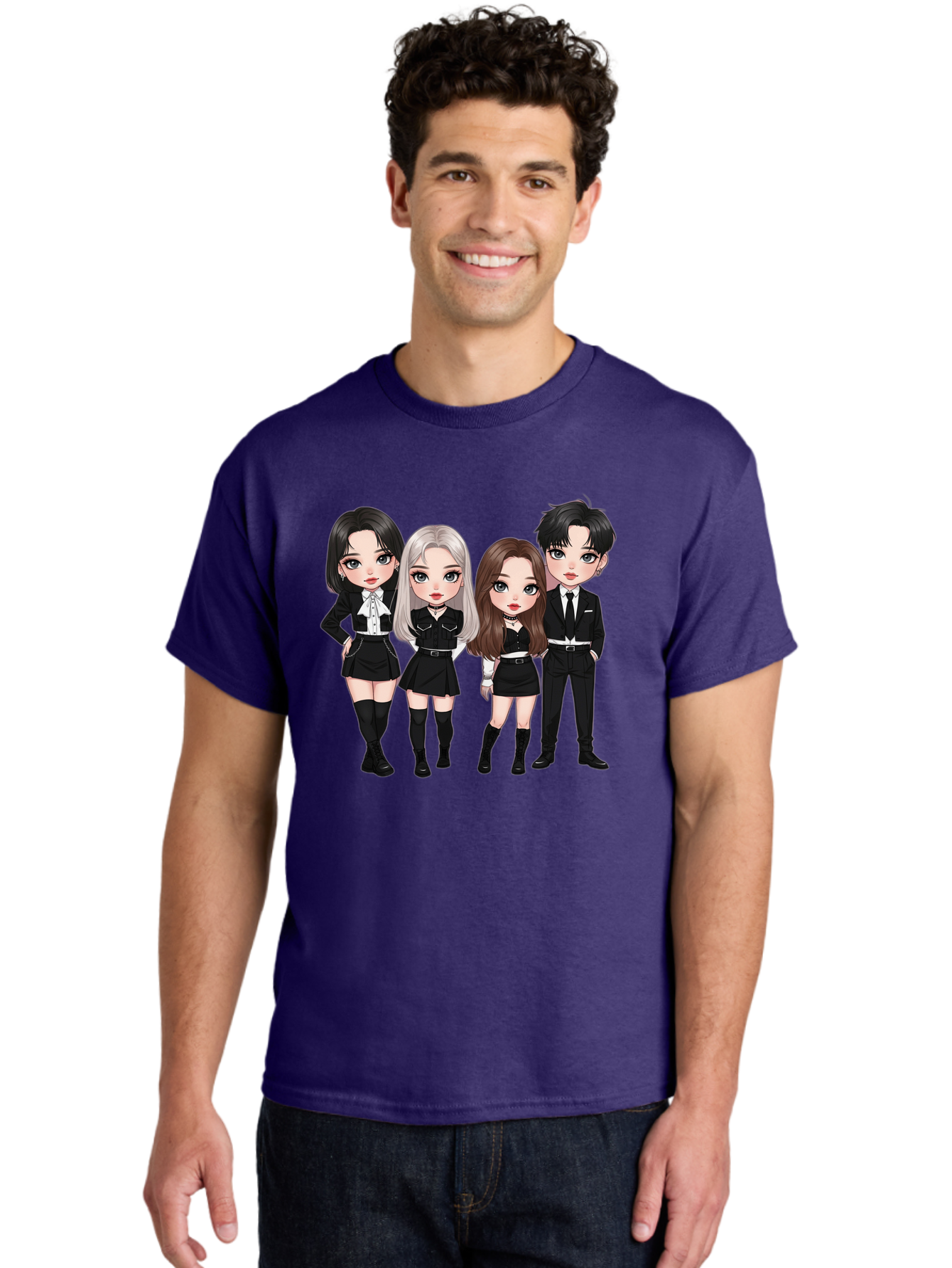 K-Pop-Group-1 Men'S Graphic Tee, 100% Cotton, Comfortable Casual Summer Wear, Machine Washable, K-Pop Group, Cartoon Characters, Black And White Outfits, Stylish Hairstyles, Confident Poses, Modern Fashion, Pop Culture Icons, Youth Culture, Bac090