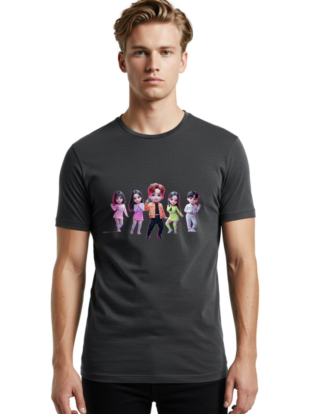 K-Pop-Group-2 Men'S Graphic Tee, 100% Cotton, Comfortable Casual Summer Wear, Machine Washable, K-Pop Idols, Group Of Dancers, Pastel Colors, Fashionable Outfits, Modern Style, Dancing Pose, Kawaii Aesthetic, Idol Culture, Pop Culture Bac091