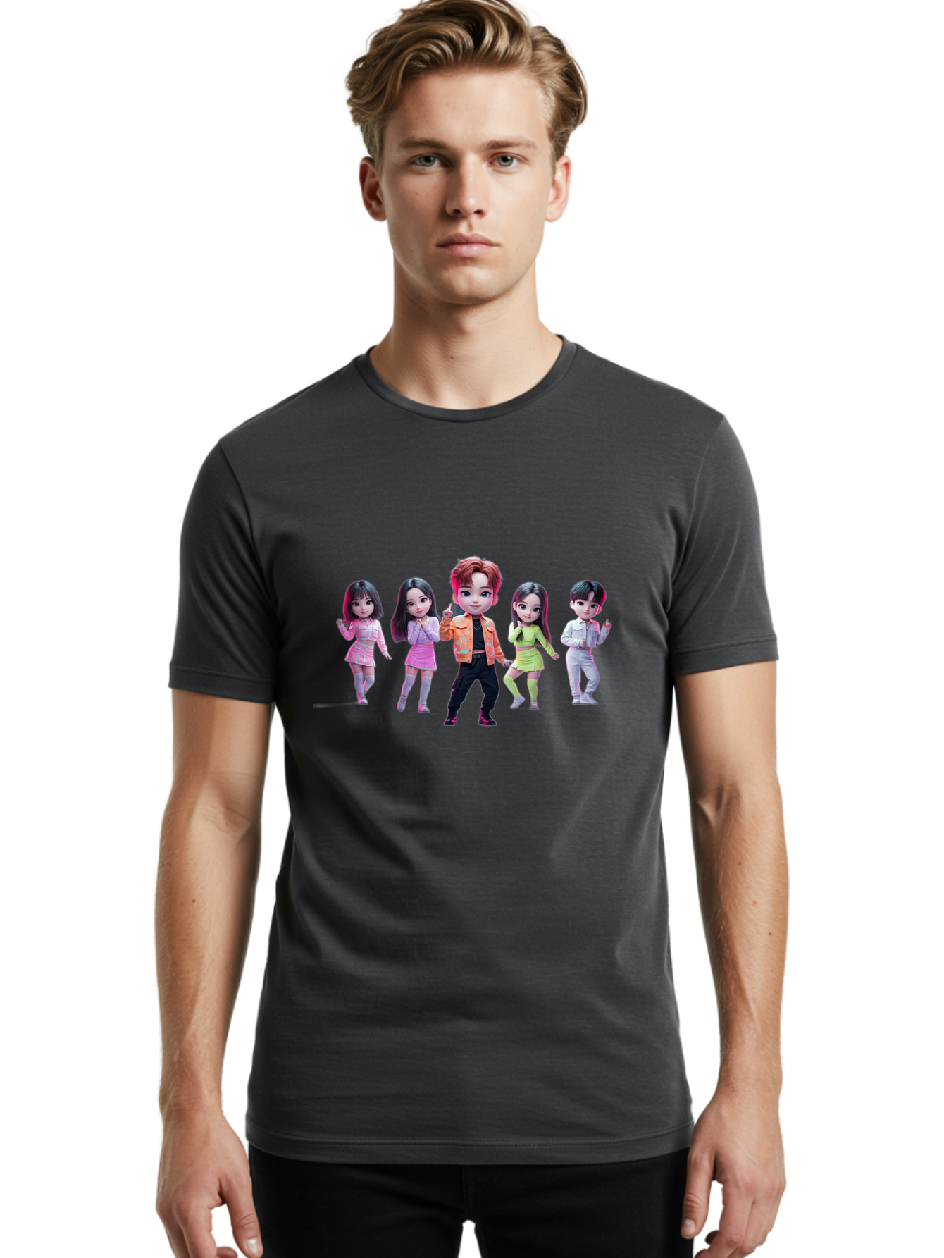 K-Pop-Group-2 Men'S Graphic Tee, 100% Cotton, Comfortable Casual Summer Wear, Machine Washable, K-Pop Idols, Group Of Dancers, Pastel Colors, Fashionable Outfits, Modern Style, Dancing Pose, Kawaii Aesthetic, Idol Culture, Pop Culture Bac091