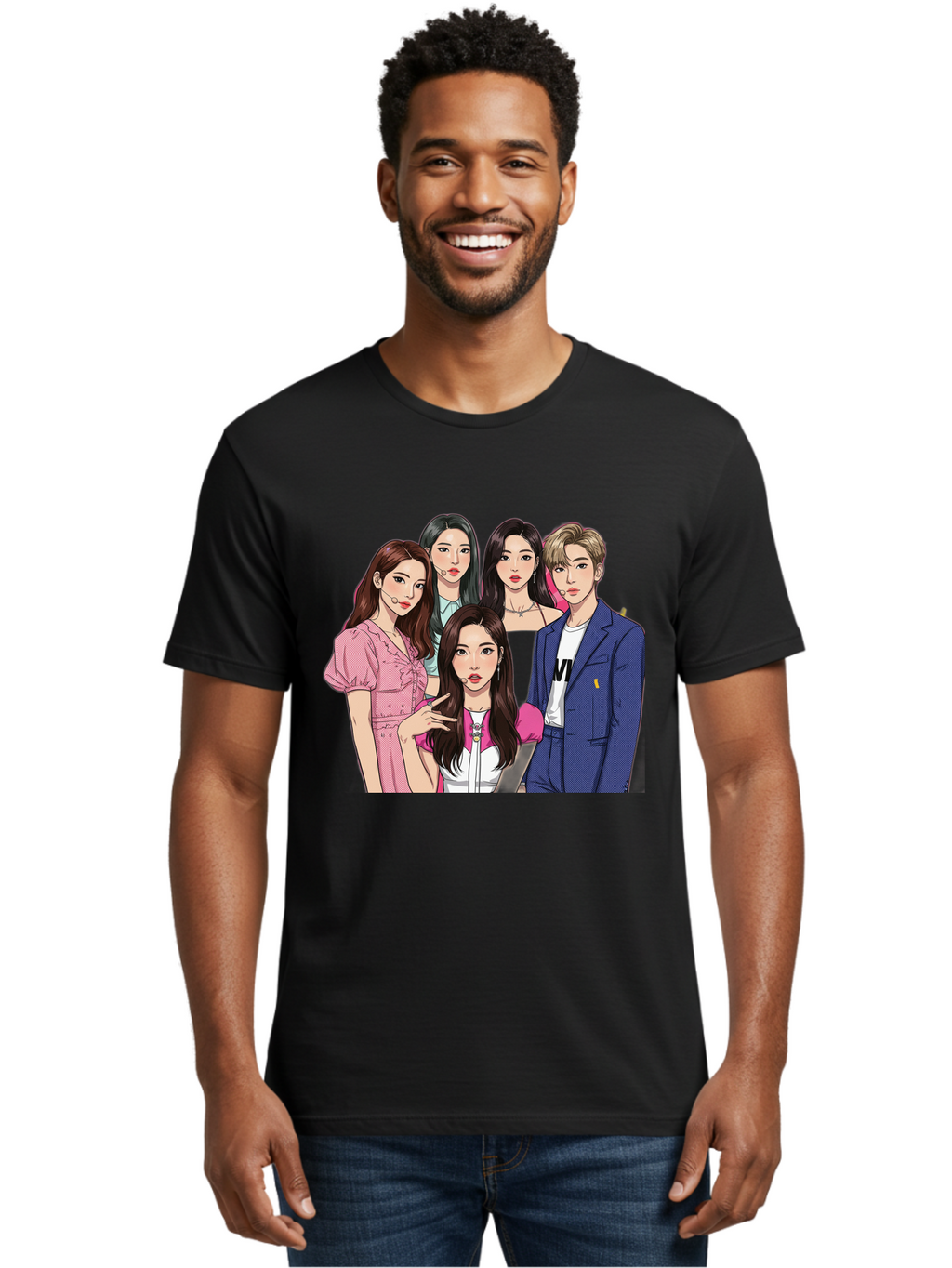 K-Pop-Group-3 Men'S Graphic Tee, 100% Cotton, Comfortable Casual Summer Wear, Machine Washable, K-Pop Idols, Fashion Illustration, Group Portrait, Stylish Clothing, Modern Pop Culture, Young Adults, Trendy Hairstyles, Pop Art Style, Bac092