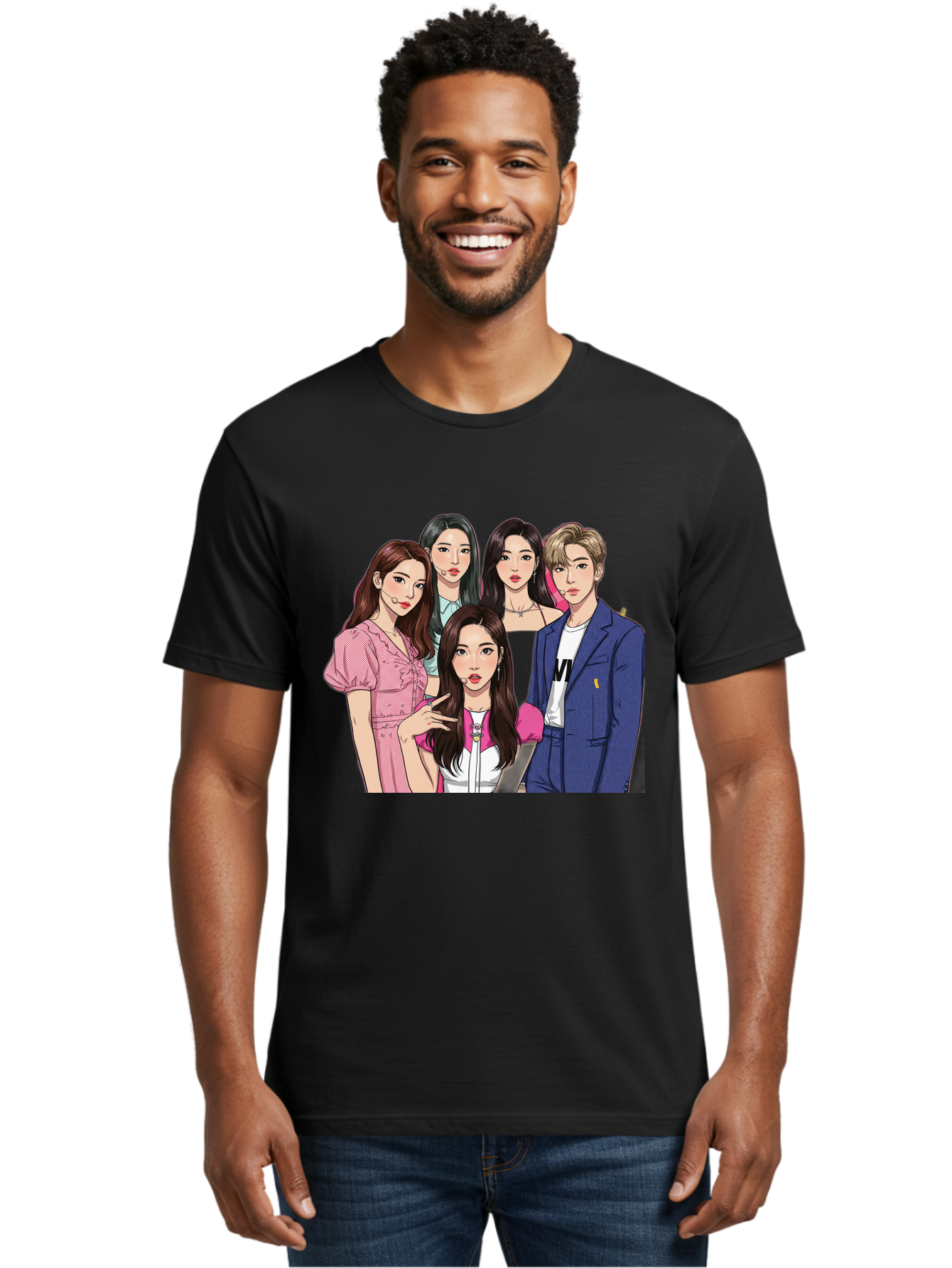 K-Pop-Group-3 Men'S Graphic Tee, 100% Cotton, Comfortable Casual Summer Wear, Machine Washable, K-Pop Idols, Fashion Illustration, Group Portrait, Stylish Clothing, Modern Pop Culture, Young Adults, Trendy Hairstyles, Pop Art Style, Bac092