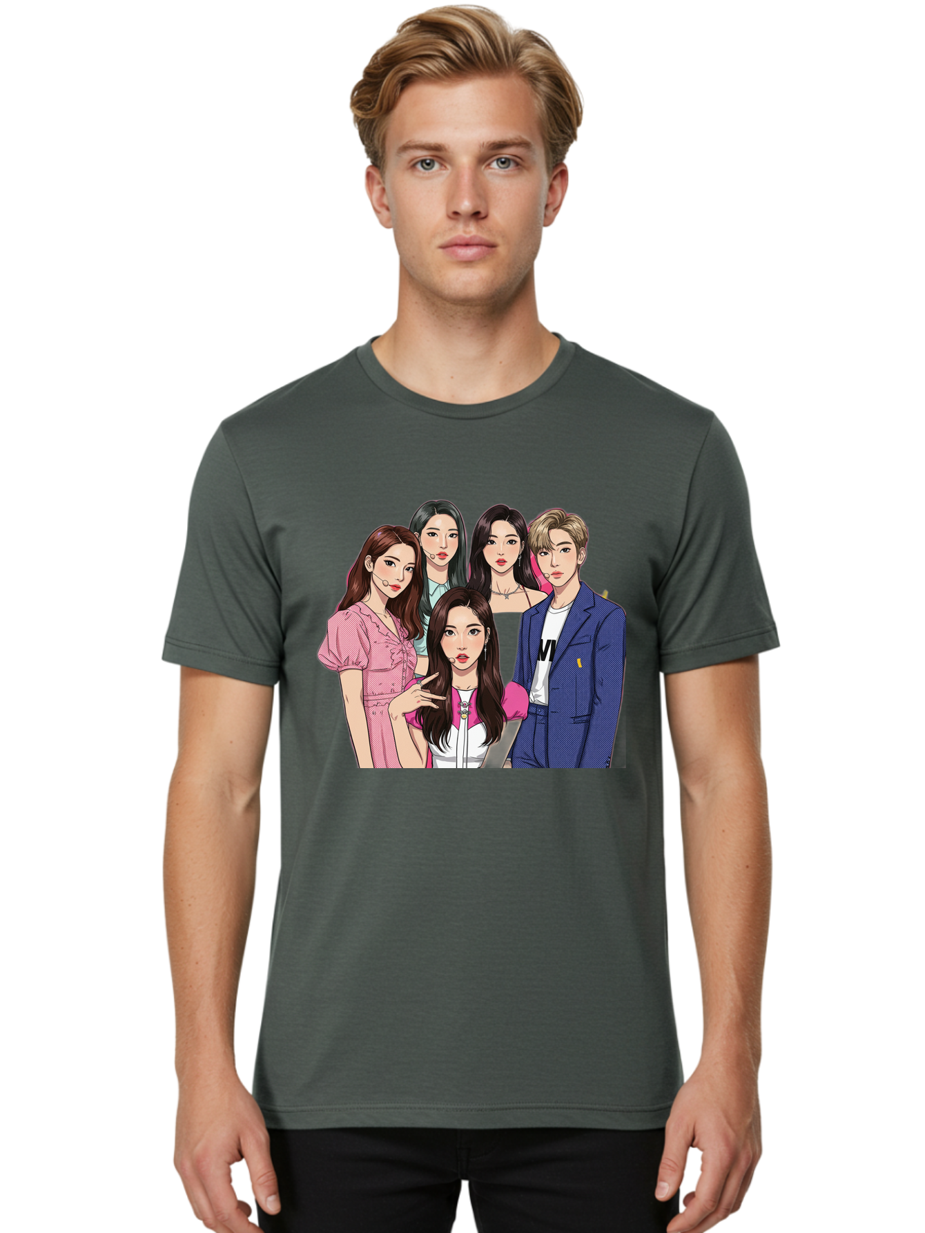 K-Pop-Group-3 Men'S Graphic Tee, 100% Cotton, Comfortable Casual Summer Wear, Machine Washable, K-Pop Idols, Fashion Illustration, Group Portrait, Stylish Clothing, Modern Pop Culture, Young Adults, Trendy Hairstyles, Pop Art Style, Bac092
