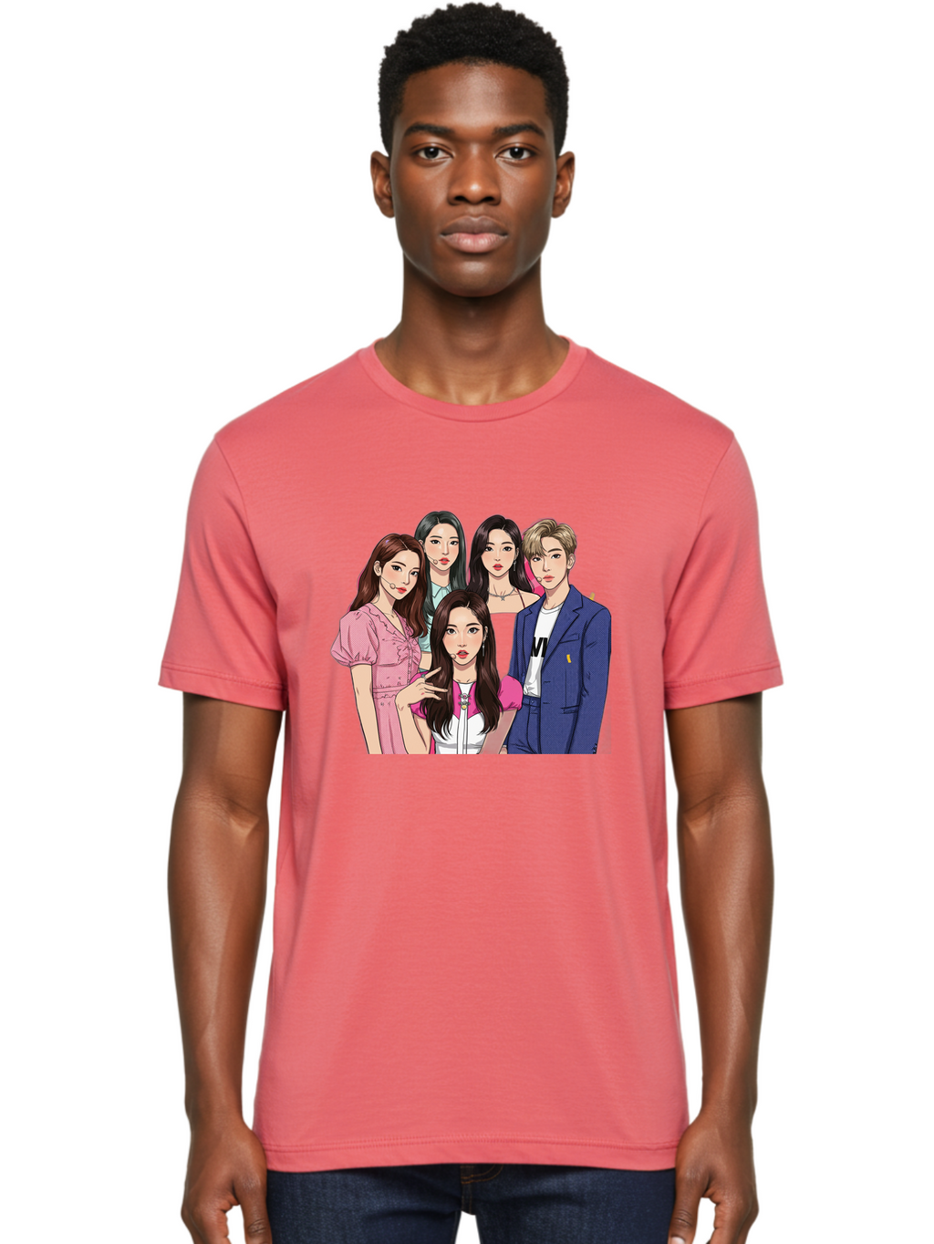 K-Pop-Group-3 Men'S Graphic Tee, 100% Cotton, Comfortable Casual Summer Wear, Machine Washable, K-Pop Idols, Fashion Illustration, Group Portrait, Stylish Clothing, Modern Pop Culture, Young Adults, Trendy Hairstyles, Pop Art Style, Bac092