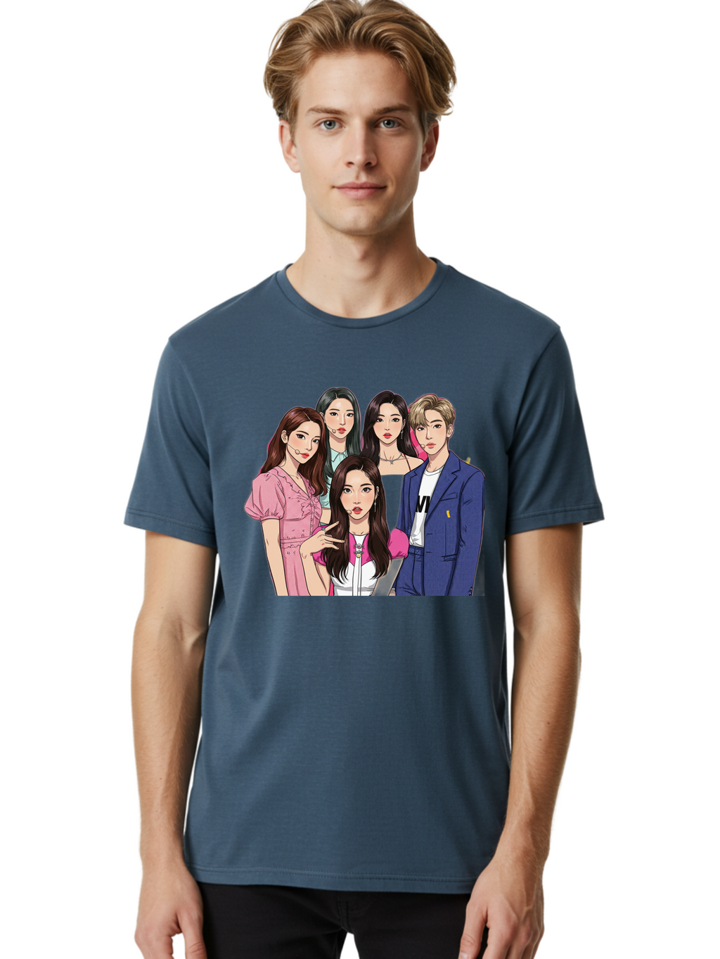 K-Pop-Group-3 Men'S Graphic Tee, 100% Cotton, Comfortable Casual Summer Wear, Machine Washable, K-Pop Idols, Fashion Illustration, Group Portrait, Stylish Clothing, Modern Pop Culture, Young Adults, Trendy Hairstyles, Pop Art Style, Bac092