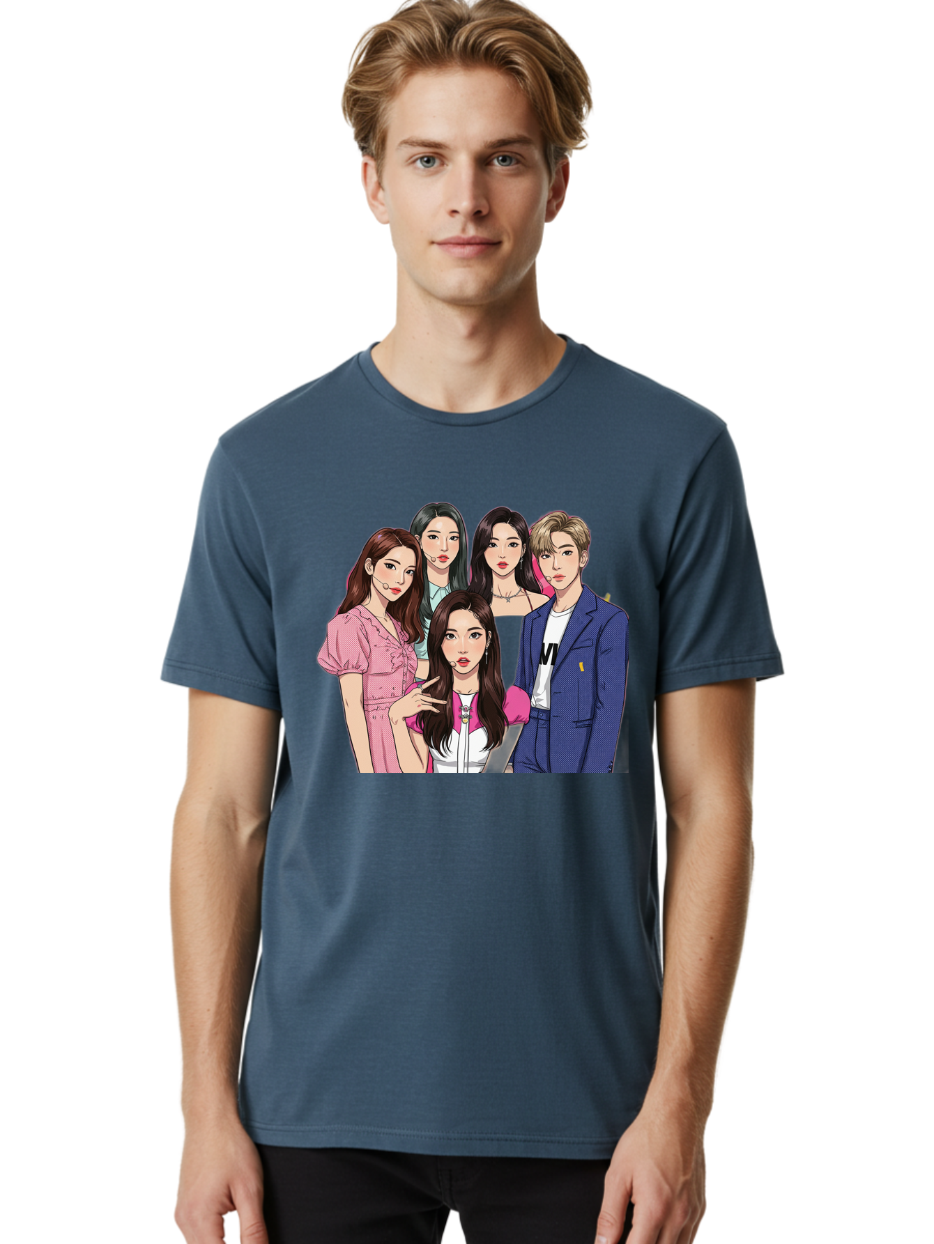 K-Pop-Group-3 Men'S Graphic Tee, 100% Cotton, Comfortable Casual Summer Wear, Machine Washable, K-Pop Idols, Fashion Illustration, Group Portrait, Stylish Clothing, Modern Pop Culture, Young Adults, Trendy Hairstyles, Pop Art Style, Bac092