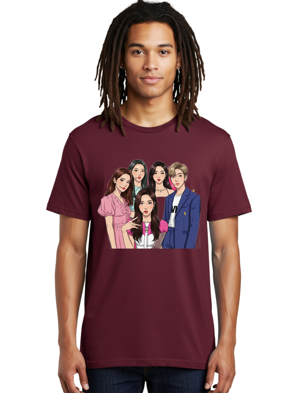 K-Pop-Group-3 Men'S Graphic Tee, 100% Cotton, Comfortable Casual Summer Wear, Machine Washable, K-Pop Idols, Fashion Illustration, Group Portrait, Stylish Clothing, Modern Pop Culture, Young Adults, Trendy Hairstyles, Pop Art Style, Bac092