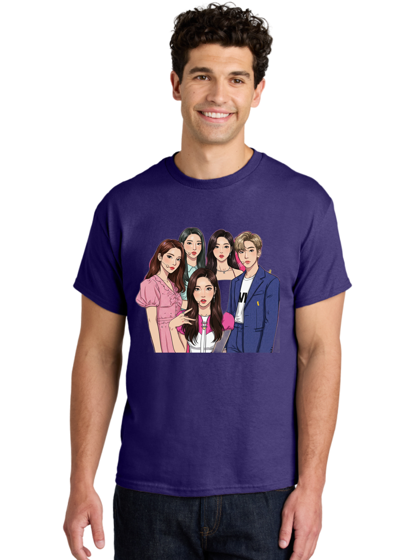 K-Pop-Group-3 Men'S Graphic Tee, 100% Cotton, Comfortable Casual Summer Wear, Machine Washable, K-Pop Idols, Fashion Illustration, Group Portrait, Stylish Clothing, Modern Pop Culture, Young Adults, Trendy Hairstyles, Pop Art Style, Bac092