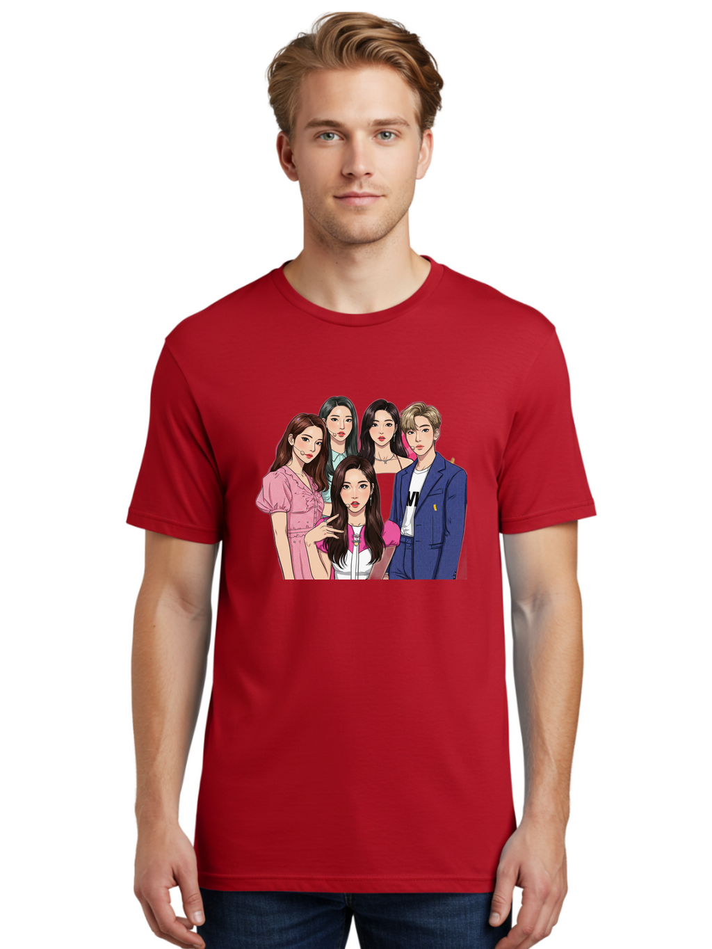 K-Pop-Group-3 Men'S Graphic Tee, 100% Cotton, Comfortable Casual Summer Wear, Machine Washable, K-Pop Idols, Fashion Illustration, Group Portrait, Stylish Clothing, Modern Pop Culture, Young Adults, Trendy Hairstyles, Pop Art Style, Bac092