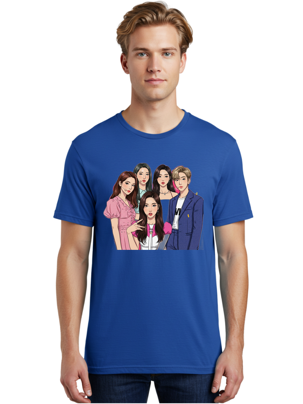 K-Pop-Group-3 Men'S Graphic Tee, 100% Cotton, Comfortable Casual Summer Wear, Machine Washable, K-Pop Idols, Fashion Illustration, Group Portrait, Stylish Clothing, Modern Pop Culture, Young Adults, Trendy Hairstyles, Pop Art Style, Bac092