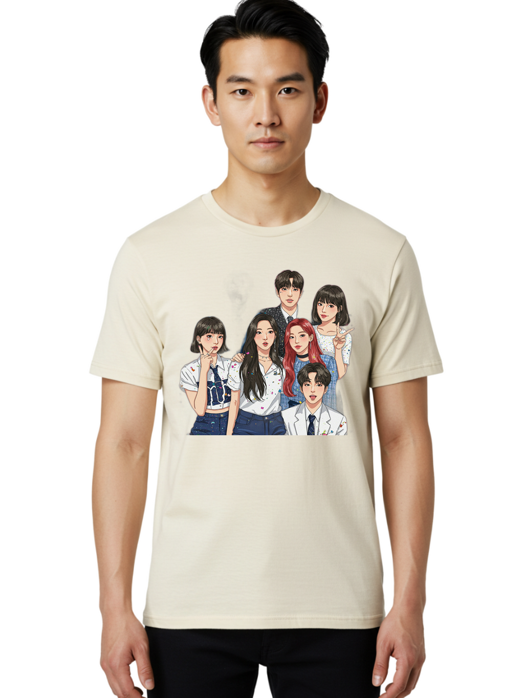 K-Pop-Group-4 Men'S Graphic Tee, 100% Cotton, Comfortable Casual Summer Wear, Machine Washable, K-Pop Group Illustration, Young Idols, Fashion Style, Casual Wear, Formal Wear, Colorful Hair, Pop Culture, Entertainment Industry, Group Portrait, Bac093