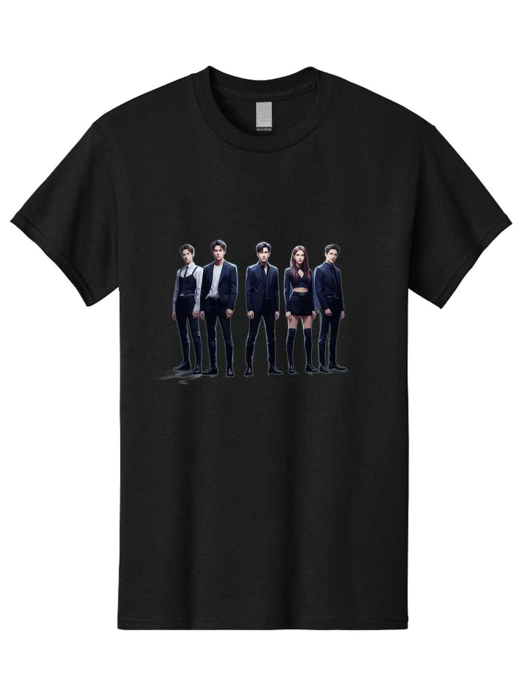 K-Pop-Group-5 Men'S Graphic Tee, 100% Cotton, Comfortable Casual Summer Wear, Machine Washable, K-Pop Group Promotional Image, Fashion Models Posing, Black Outfits, Edgy Style, Modern Fashion Trends, Stylish Attire, Minimalist Chic Bac094