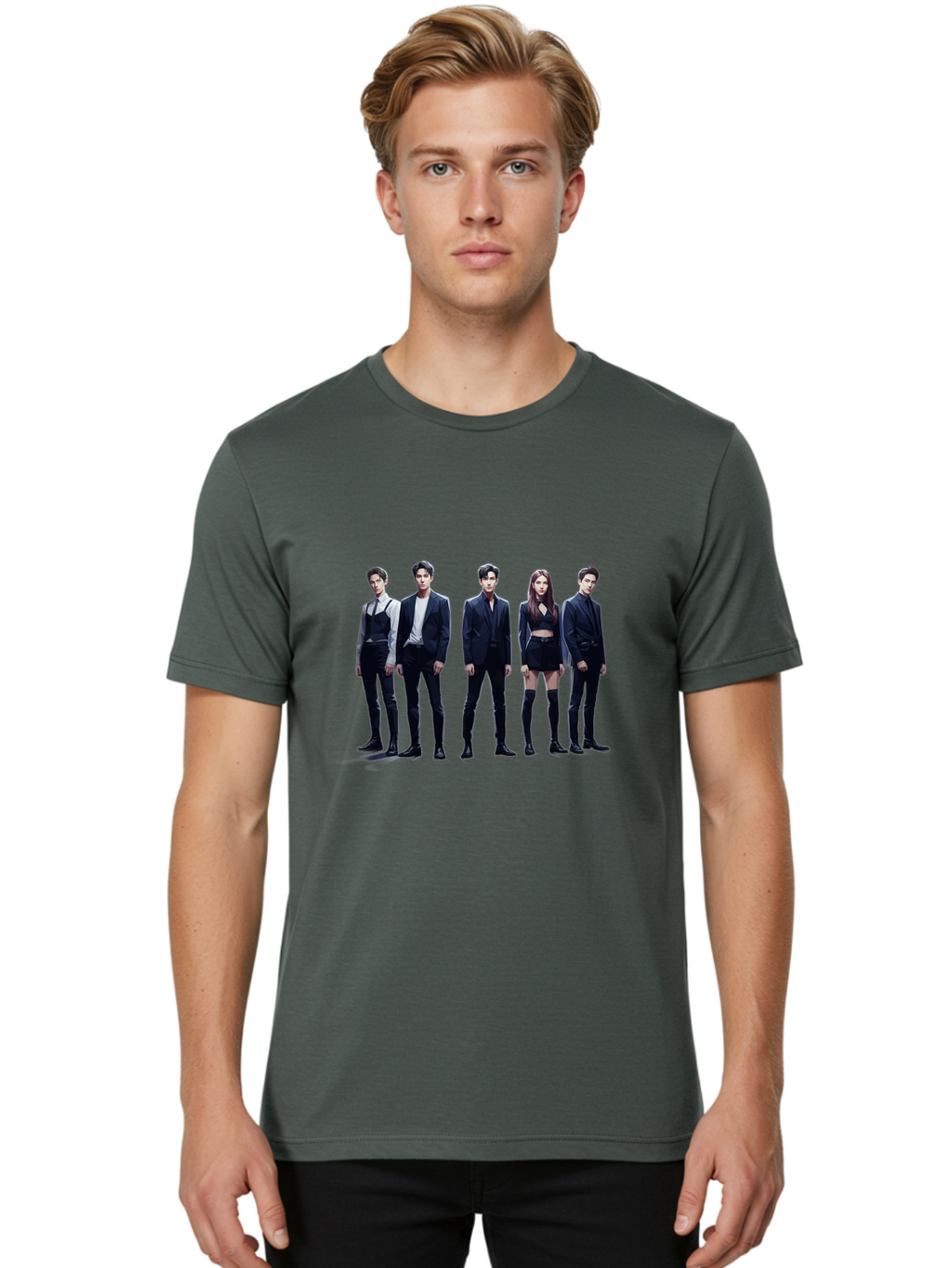 K-Pop-Group-5 Men'S Graphic Tee, 100% Cotton, Comfortable Casual Summer Wear, Machine Washable, K-Pop Group Promotional Image, Fashion Models Posing, Black Outfits, Edgy Style, Modern Fashion Trends, Stylish Attire, Minimalist Chic Bac094